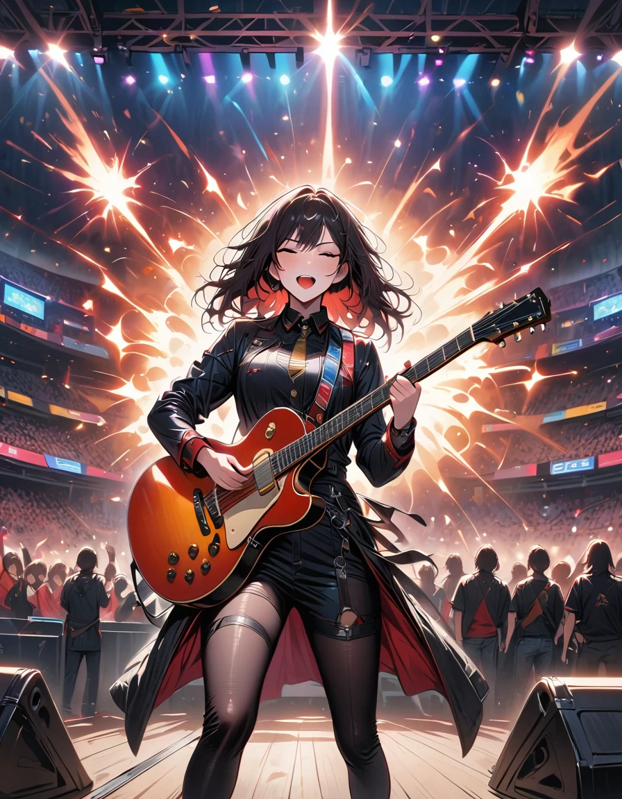 (best quality,4K,8K,high resolution,masterpiece:1.2),Super detailed,(actual,photoactual,photo-actual:1.37),rock star,singer,Guitar,Uniform,Black,tight,golden accents,spacewalk,hysterical singing,Stage lighting,rebellious,glitch art,bright colors,Energetic performance,electric atmosphere,loud music,screaming fans,Huge speakers,Fiery explosion,dynamic poses,Smoke and fog effects,expressive face,rotating lights,Flash,dark background,edgy style,wild hair,microphone stand,Guitar声音失真,rock music,Celebrity,电Guitar独奏,huge concert stage,strut on stage,Condescending,Emotional intensity,Loud and heavy drum beat,Electric energy,Stage fireworks,Powerful vocal performance,the stadium has a full crowd,thousands of fans,Roaring crowd,flash,electric atmosphere,sweaty and Energetic performance,legendary figures,Acting skills,standing ovation