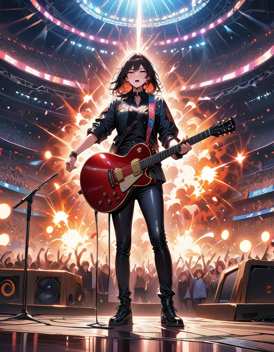 (best quality,4K,8K,high resolution,masterpiece:1.2),Super detailed,(actual,photoactual,photo-actual:1.37),rock star,singer,Guitar,Uniform,Black,tight,golden accents,spacewalk,hysterical singing,Stage lighting,rebellious,glitch art,bright colors,Energetic performance,electric atmosphere,loud music,screaming fans,Huge speakers,Fiery explosion,dynamic poses,Smoke and fog effects,expressive face,rotating lights,Flash,dark background,edgy style,wild hair,microphone stand,Guitar声音失真,rock music,Celebrity,电Guitar独奏,huge concert stage,strut on stage,Condescending,Emotional intensity,Loud and heavy drum beat,Electric energy,Stage fireworks,Powerful vocal performance,the stadium has a full crowd,thousands of fans,Roaring crowd,flash,electric atmosphere,sweaty and Energetic performance,legendary figures,Acting skills,standing ovation