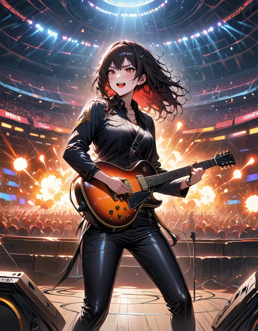 (best quality,4K,8K,high resolution,masterpiece:1.2),Super detailed,(actual,photoactual,photo-actual:1.37),rock star,singer,Guitar,Uniform,Black,tight,golden accents,spacewalk,hysterical singing,Stage lighting,rebellious,glitch art,bright colors,Energetic performance,electric atmosphere,loud music,screaming fans,Huge speakers,Fiery explosion,dynamic poses,Smoke and fog effects,expressive face,rotating lights,Flash,dark background,edgy style,wild hair,microphone stand,Guitar声音失真,rock music,Celebrity,电Guitar独奏,huge concert stage,strut on stage,Condescending,Emotional intensity,Loud and heavy drum beat,Electric energy,Stage fireworks,Powerful vocal performance,the stadium has a full crowd,thousands of fans,Roaring crowd,flash,electric atmosphere,sweaty and Energetic performance,legendary figures,Acting skills,standing ovation