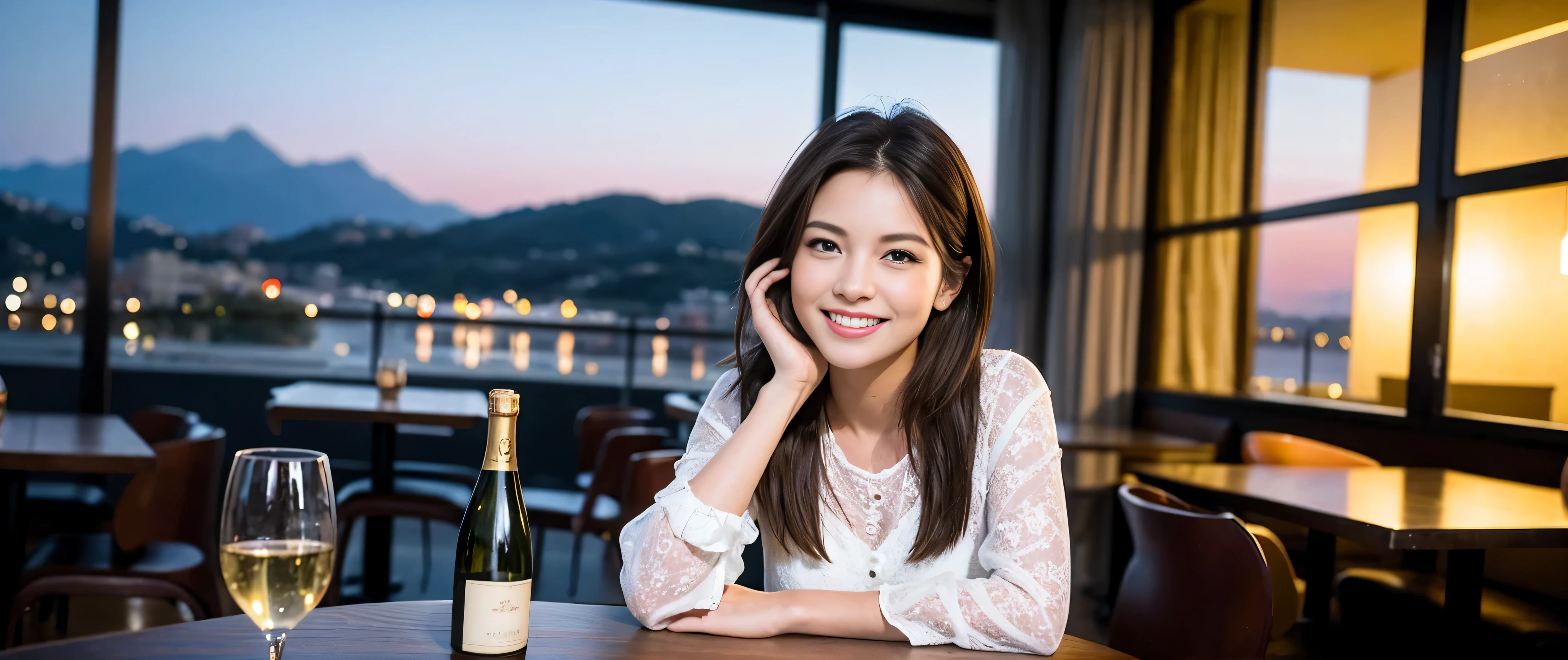 ((highest quality、8K、masterpiece:1.3))、sharp focus:1.2、Beautiful woman perfect body:1.4、Slim body、((Bob Hale、straight hair:1.2))、 ultra high resolution, bright image、2. Wine Beauties, beautiful face, blue eyes, fine eyes, symmetrical eyes, light shines on your face, blush your nose, short hair,Spectacular view of the sunset sky and clouds、Amazing mountain views、A bright smile、A lovely woman with a smile、that woman'bright face、Fox face、lady、Champagne、Wine bottle、wine glass、red wine 、Appetizer、Italian food、two beauties、brown hair、shortcut、long sleeve shirt、winter fashion、dress、wine bottle、Appetizer、Champagne、sparkling wine、Pretty Woman 1, (slim face), (brown hair), (shortcut), cheeks turn a little red, (37 years old), 39 years old, charming beauty、restaurant, in a prominent place (from the waist up) nova frog style, actress, model, Upper body, White wine, slim, wine glass, Very beautiful night view, wine glass placed in the middle, smile, (smile: 1.15), beautiful fine eyes, strong light and shadow,moist body:1.5、3D texture、delicate eyes、brown hair、The hair is very shiny、