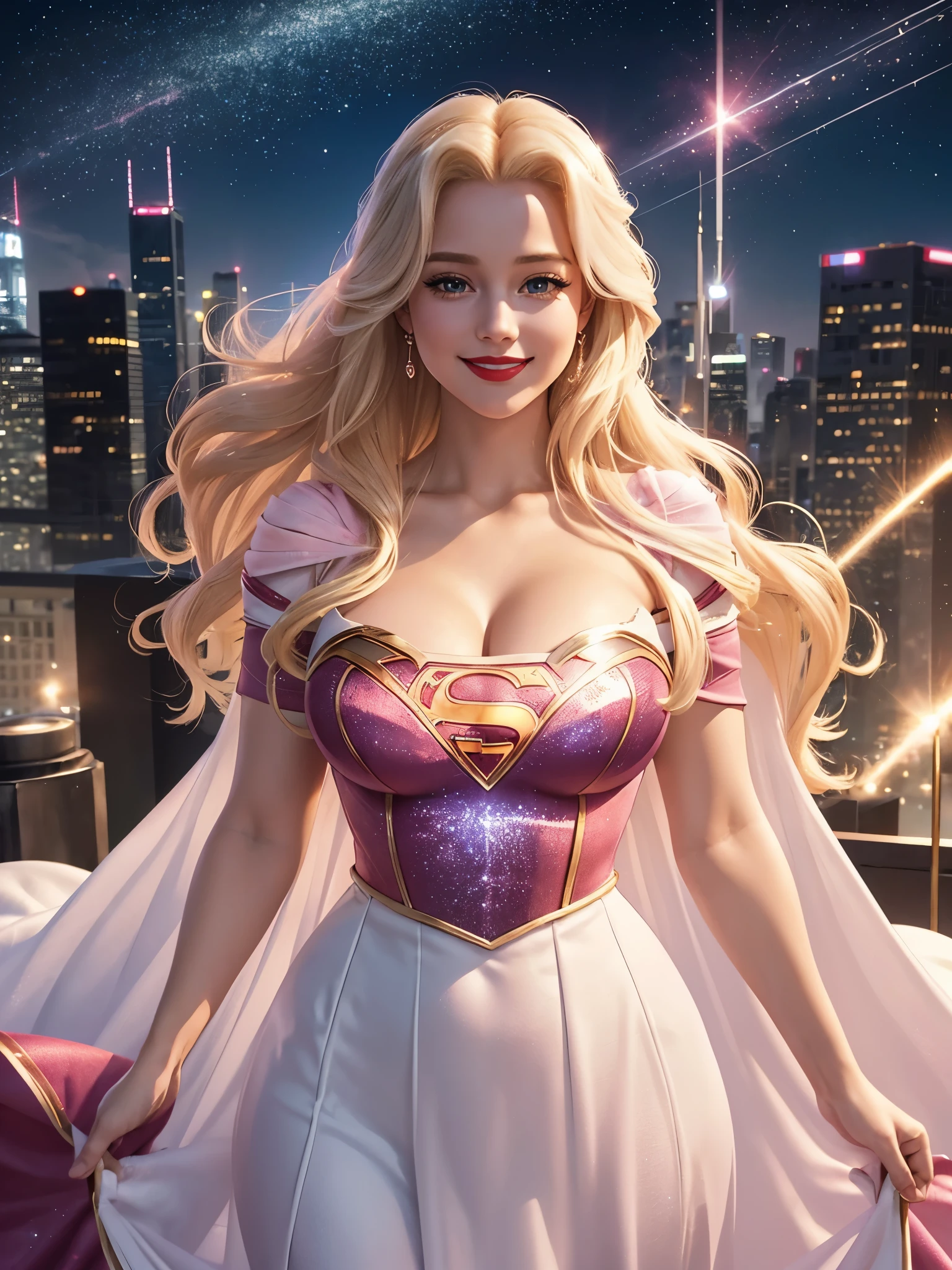 Queen Elsa, 27 years old, full body shot, Beautiful woman very long curly blonde hair, blonde hair, blonde hair, defined body, big breasts, big breasts, big breasts, big breasts, Red lipstick, smiling, hands free, standing, (( short sleeve, sparkling pink bodice and white long dress of supergirl)), rooftop city night, (curvy:1.2)