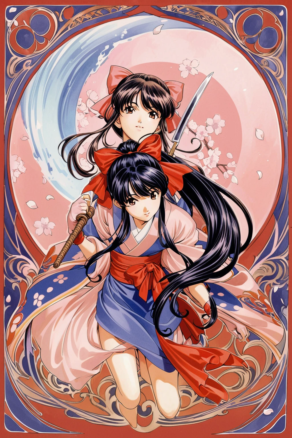 masterpiece, highest quality, divine quality, godlike art, Art Nouveau watercolors, highly detailed face, very realistic, cute, Shinguji Sakura, 1 girl, arms, alone, sword, kimono, bow, black hair, red bow, long hair, brown eyes, gloves, petal, fingerless gloves, cherry blossoms, knife, hair bow, ponytail, kimono, Similarly, Similarly skirt, traditional media, Nice views , flower-like_background, Intricate designs and patterns in the style of Alphonse Mucha.from below