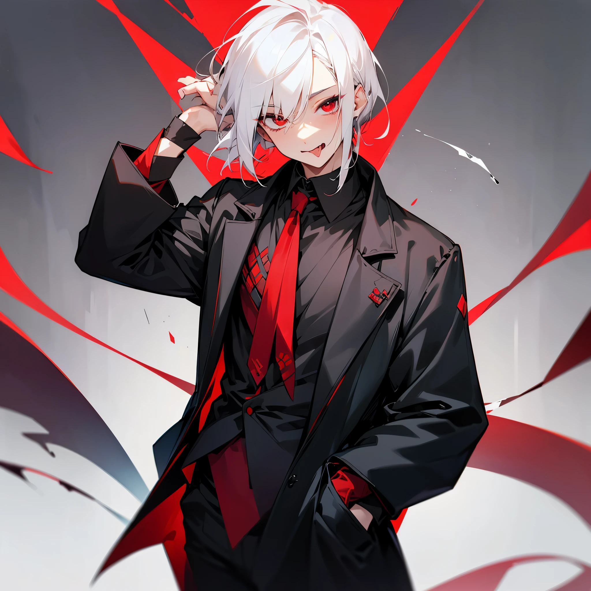 Perfect, one young men, white hair, red eyes, black clothes, sticking out his tongue in a flirty way, with hands on his pockets