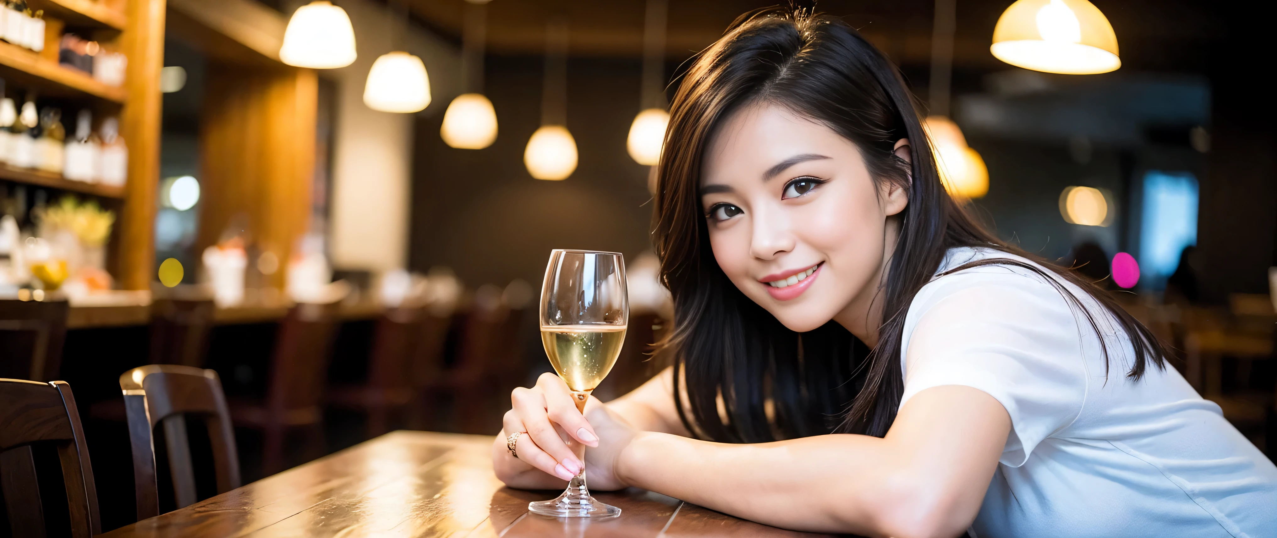((highest quality、8K、masterpiece:1.3))、Beautiful woman perfect body:1.4、Slim body、((Bob Hale、straight hair:1.2))、 ultra high resolution, bright image、2. Wine Beauties, beautiful face, blue eyes, fine eyes, light shines on your face, blush your nose, short hair,Spectacular view of the sunset sky and clouds、Amazing mountain views、A bright smile、A lovely woman with a smile、bright face、Fox face、lady、Champagne、Wine bottle、wine glass、red wine 、Appetizer、Italian food、two beauties、brown hair、shortcut、long sleeve shirt、winter fashion、dress、wine bottle、Appetizer、Champagne、sparkling wine、Pretty Woman 1, (slim face), (brown hair), (shortcut), cheeks turn a little red, (42 years old), 39 years old, charming beauty、restaurant, in a prominent place (from the waist up) nova frog style, actress, model, Upper body, White wine, slim, wine glass, Very beautiful night view, wine glass placed in the middle, smile, (smile: 1.15), beautiful fine eyes, strong light and shadow,moist body:1.5、3D texture、delicate eyes、brown hair、The hair is very shiny、