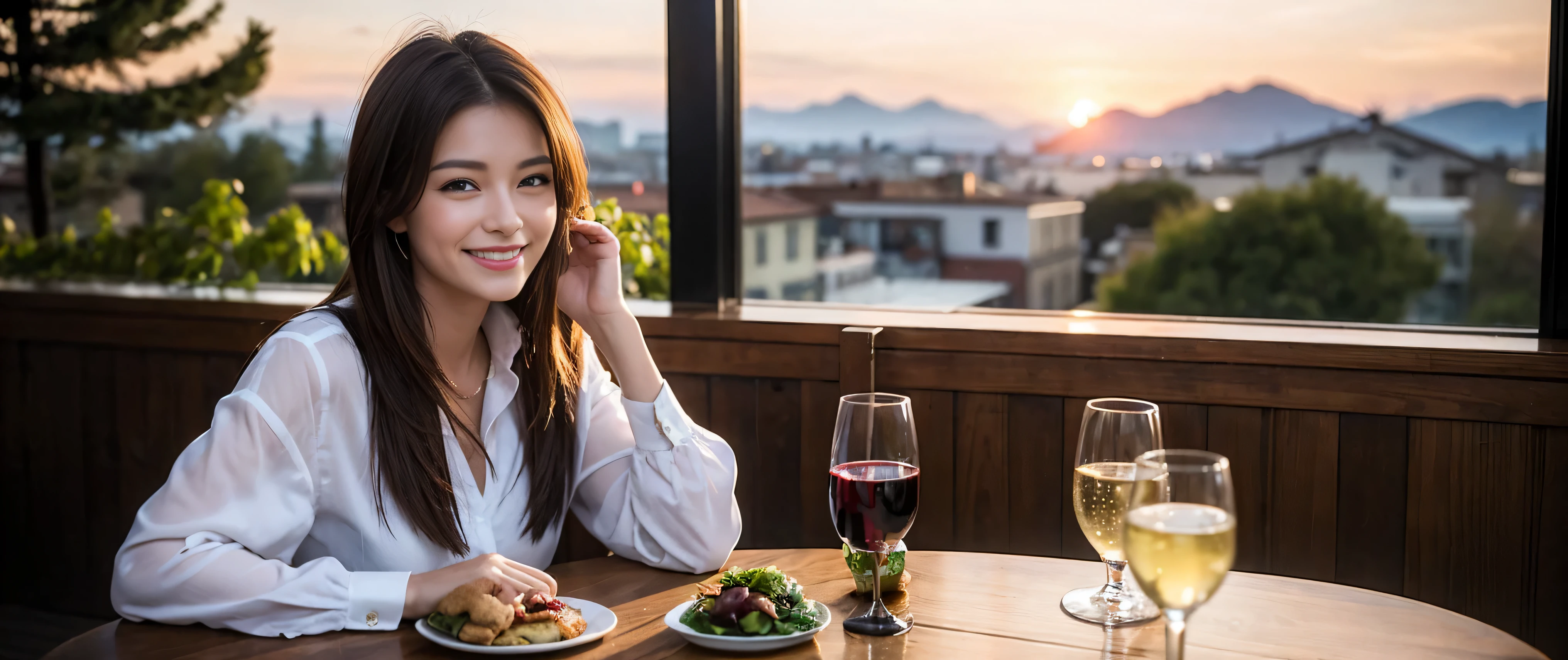 ((highest quality、8K、masterpiece:1.3))、Beautiful woman perfect body:1.4、Slim body、((Bob Hale、straight hair:1.2))、 ultra high resolution, bright image、2. Wine Beauties, beautiful face, blue eyes, fine eyes, light shines on your face, blush your nose, short hair,Spectacular view of the sunset sky and clouds、Amazing mountain views、A bright smile、A lovely woman with a smile、bright face、Fox face、lady、Champagne、Wine bottle、wine glass、red wine 、Appetizer、Italian food、two beauties、brown hair、shortcut、long sleeve shirt、winter fashion、dress、wine bottle、Appetizer、Champagne、sparkling wine、Pretty Woman 1, (slim face), (brown hair), (shortcut), cheeks turn a little red, (42 years old), 39 years old, charming beauty、restaurant, in a prominent place (from the waist up) nova frog style, actress, model, Upper body, White wine, slim, wine glass, Very beautiful night view, wine glass placed in the middle, smile, (smile: 1.15), beautiful fine eyes, strong light and shadow,moist body:1.5、3D texture、delicate eyes、brown hair、The hair is very shiny、