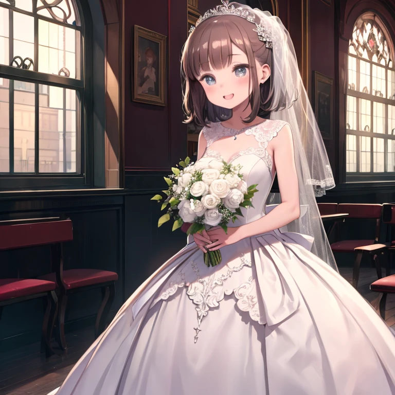 masterpiece, highest quality、Medium wide shot、1. A woman with beautiful eyes、laughing、Wedding dress、wedding dress、