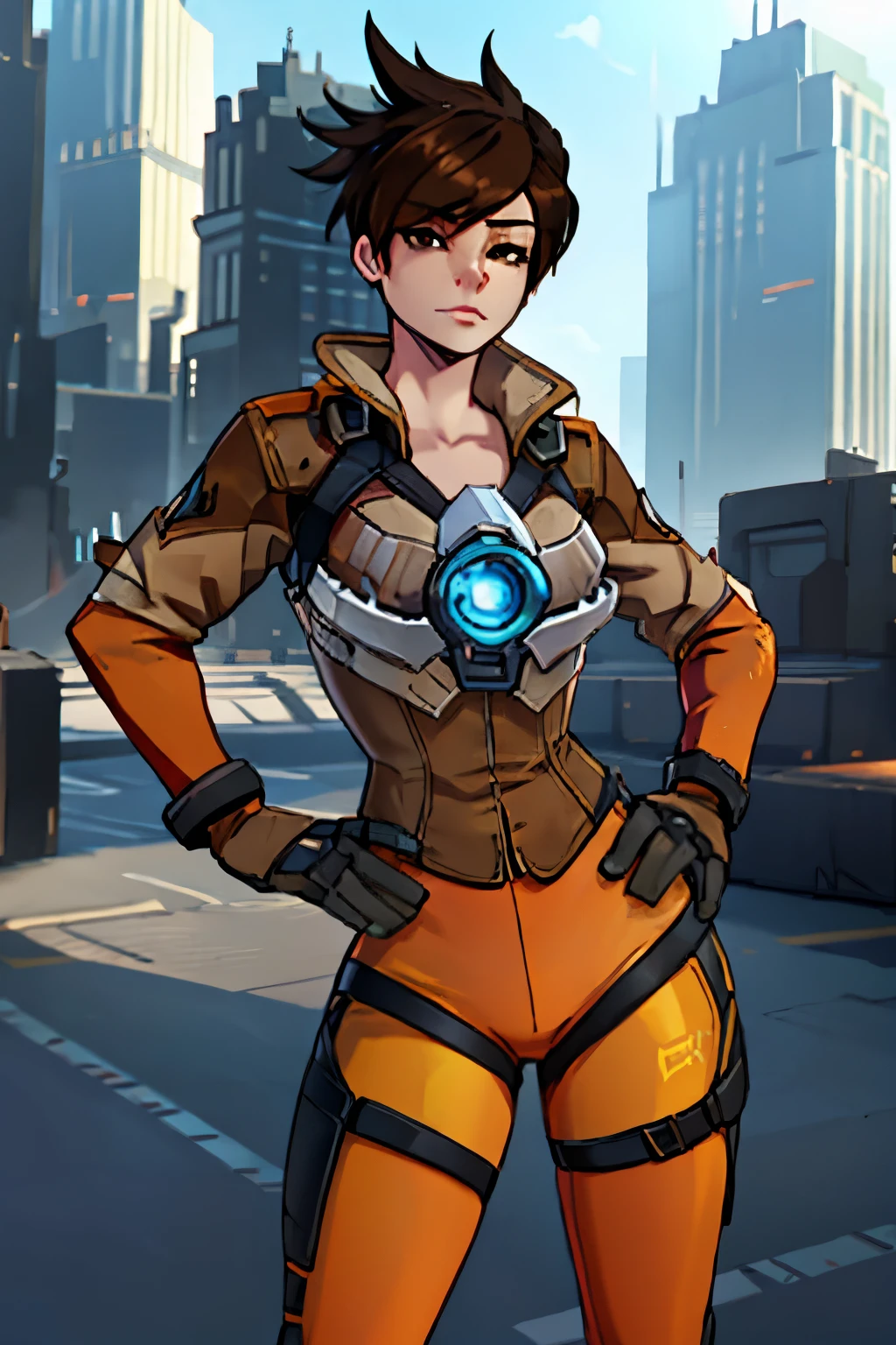 dark art, thick outlines, comics, Photorealistic, perfect hands, masterpiece:1.2, city, Blue sky, 1 girl, One, wide hips, cute pose, tracer, Brown hair, brown bomber jacket, chest harness, white bracers, orange bodysuit, orange leggings, short hair, Brown eyes, , detailed background, detailed face, detailed eyes,