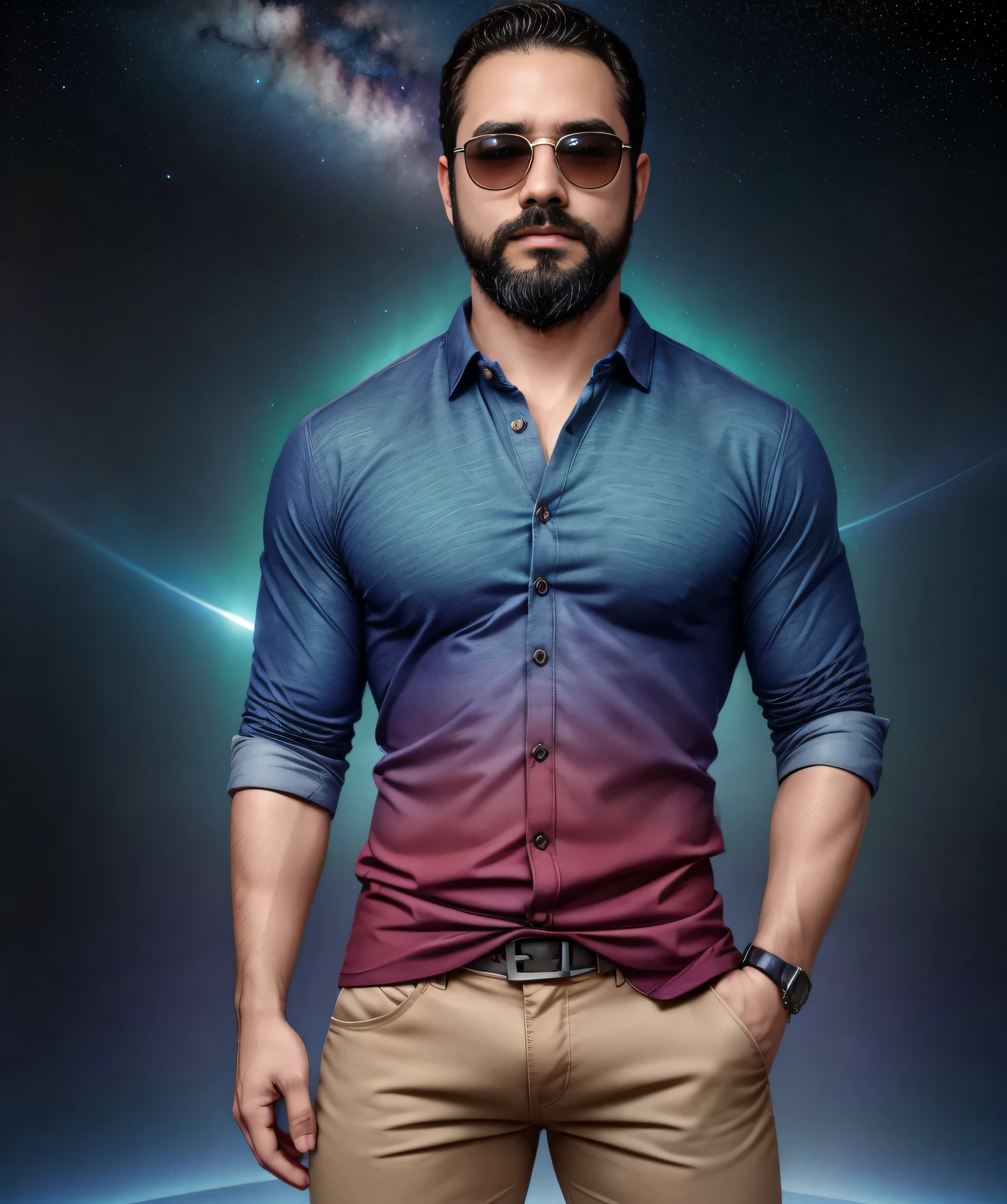 Obra maestra, desenfoque de campo, Parte superior del cuerpo, Hands in pants pockets, 38 year old man with beard and square sunglasses. Man wearing a shirt with a color gradient in the space movie with a laser storm in the background.