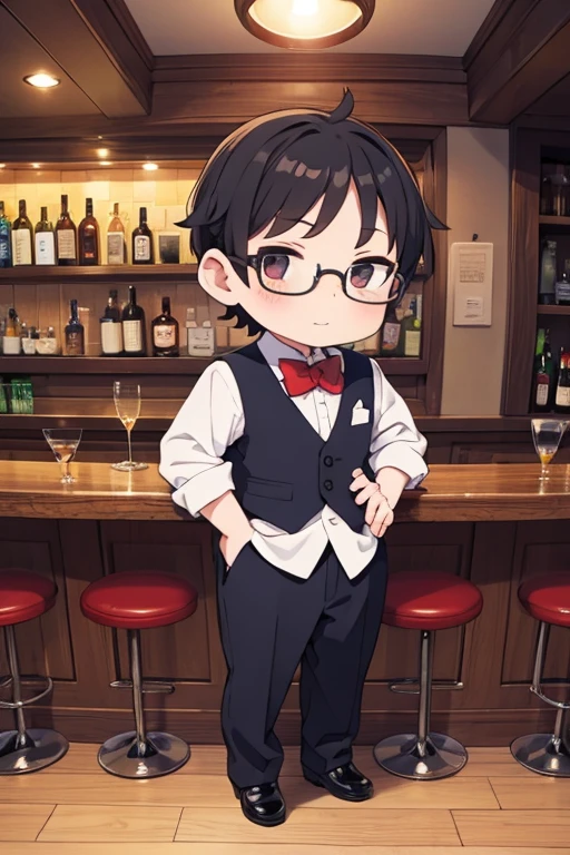 1 man,gray backguround,chibi,full body,standing,high resolution,Landscape,lower both hands,Empty-handed,sideways,standing,Stand upright, low two hands,Middle-aged man, red bow tie, square glasses, beard, black all-back hair, bartender,