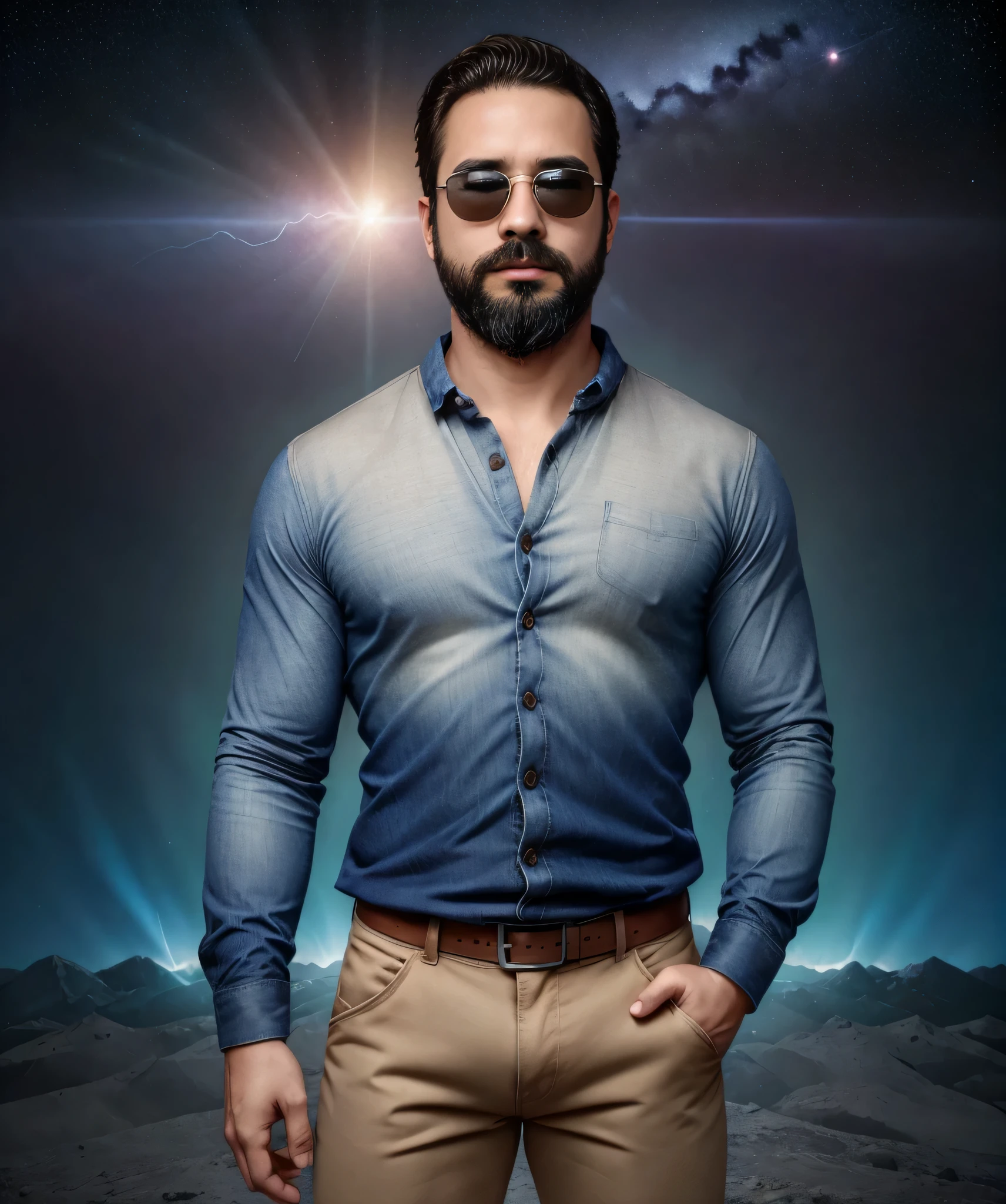 Obra maestra, desenfoque de campo, Parte superior del cuerpo, Hands in pants pockets, 38 year old man with beard and square sunglasses. Man wearing a shirt with a color gradient in the space movie with a plasma storm in the background.