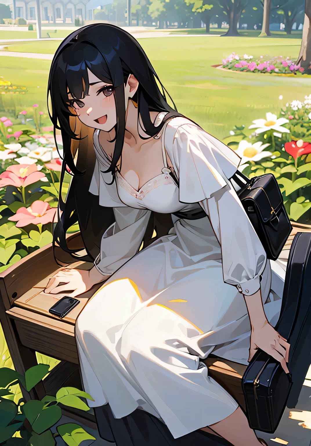 {best quality},sunny、park、meeting、garden、long black hair、mature woman、Big beautiful breastischievous smile、open-mouth、dress shirt in v-neck、skirt、sandals、shoulder bag、High angle、close-up、looking at the camera、Waiting in the shade