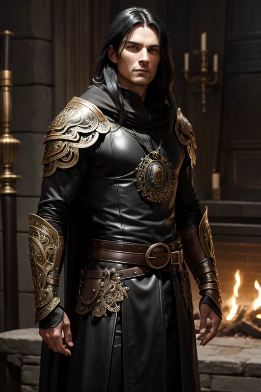 Male human, caucasian, slim, toned, long black hair, hazel-green eyes. Wearing ornate black leather armor. A pair of scimitars hang from his belt in ornate sheathes. A furred cloak hangs over his shoulders.