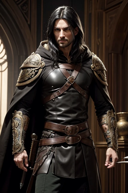 Male human, caucasian, slim, toned, long black hair, hazel-green eyes. Wearing ornate black leather armor. A pair of scimitars hang from his belt in ornate sheathes. A furred cloak hangs over his shoulders.