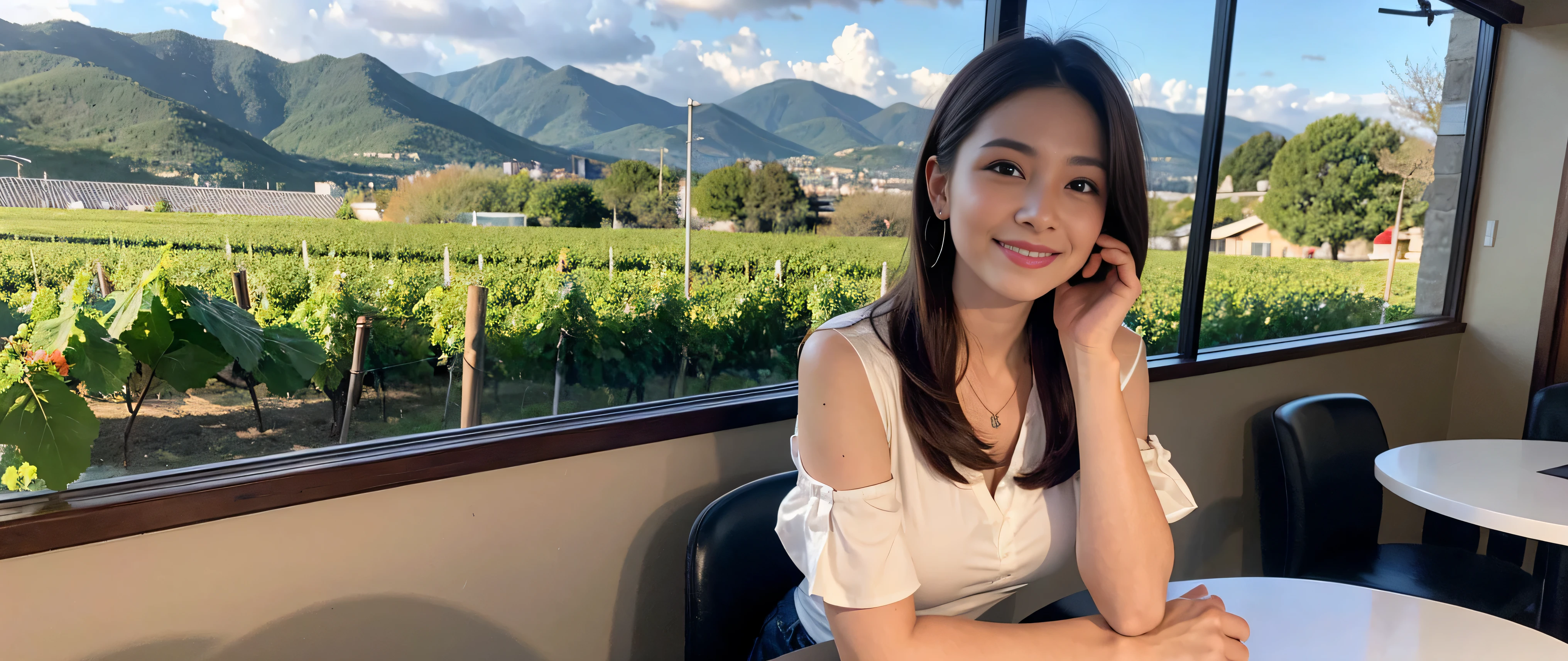 ((highest quality、8K、masterpiece:1.3))、Beautiful woman perfect body:1.4、Slim body、((Bob Hale、straight hair:1.2))、 ultra high resolution, bright image、2. Wine Beauties, beautiful face, blue eyes, fine eyes, light shines on your face, blush your nose, short hair,Spectacular view of the sunset sky and clouds、Amazing mountain views、A bright smile、A lovely woman with a smile、bright face、Fox face、lady、Champagne、Wine bottle、wine glass、red wine 、Appetizer、Italian food、two beauties、brown hair、shortcut、long sleeve shirt、winter fashion、dress、wine bottle、sparkling wine、Pretty Woman 1, (slim face), (brown hair), (shortcut), cheeks turn a little red, (42 years old), 39 years old, charming beauty、restaurant, nova frog style, actress, model, Upper body, White wine, slim, wine glass, wine glass placed in the middle, smile, (smile: 1.15), beautiful fine eyes, strong light and shadow,moist body:1.5、delicate eyes、brown hair、The hair is very shiny、