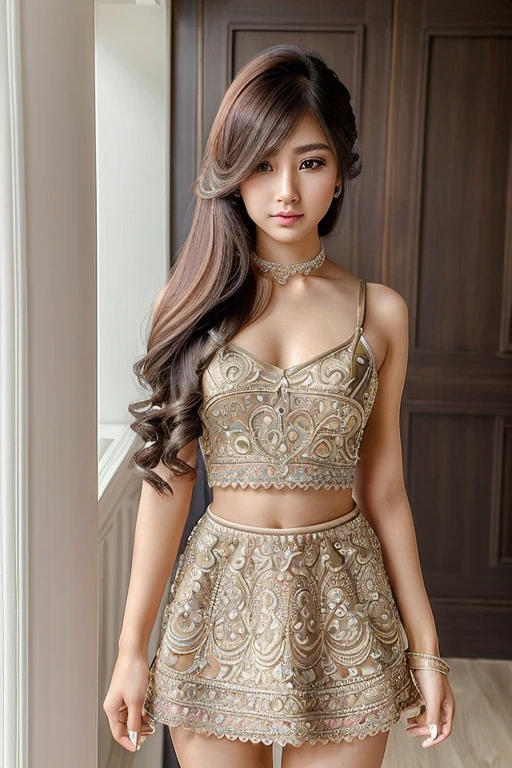 ((Best quality)), ((masterpiece)), ((highly intricate details)), 1girl, (detailed eyes),seductive expression, , strong eyeliner, heavy make-up, (long_hime_cut_hairstyle:1.3),multicolored hair, cameltoe,(tone abs:0.8, sexy opened up Minimalist short dress, full body waist up pose , various shot angle