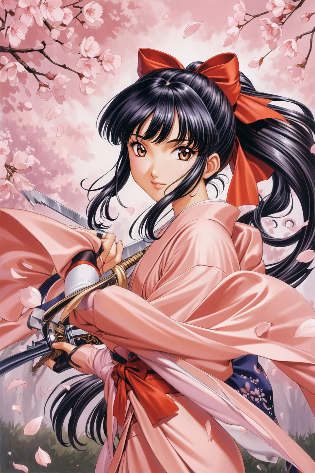 masterpiece, highest quality, divine qualities, godlike art, highly detailed face, very realistic, cute, , Shinguji Sakura, 1 girl, arms, alone, sword, kimono, bow, black hair, red bow, long hair, brown eyes, gloves, petal, fingerless gloves, cherry blossoms, knife, hair bow, ponytail, kimono, Similarly, Similarly skirt, traditional media,