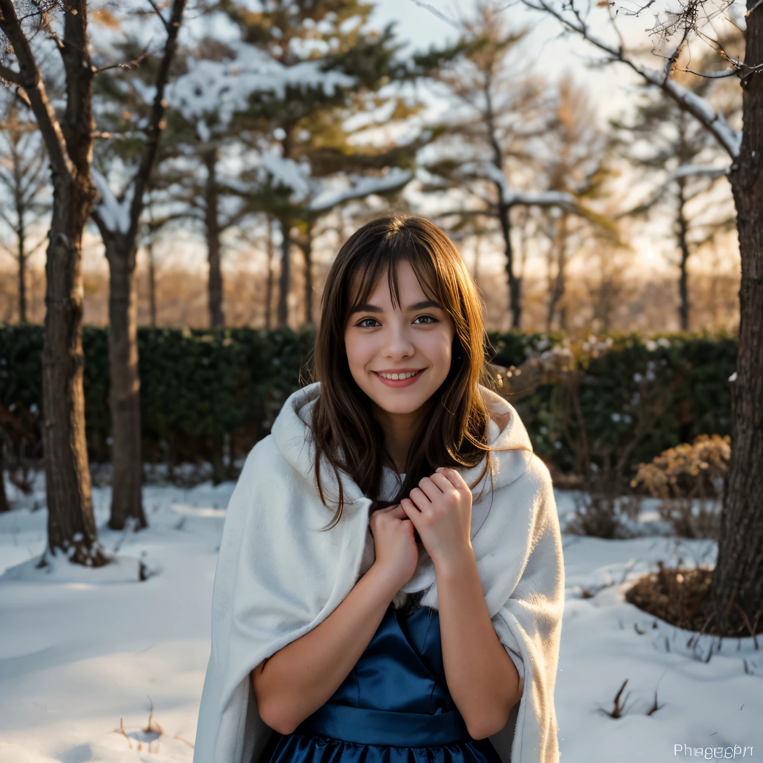 a girl with flowing black hair and fair skin,dressed in a beautiful blue gown and a white puffy cloak,standing in a snowy forest, surrounded by towering pine trees,her bright blue eyes shining with innocence,her rosy lips with a hint of smile,the snowflakes gently falling onto her hair and eyelashes,creating a magical atmosphere.(best quality,ultra-detailed,realistic),a breath-taking winter landscape, capturing the serene beauty of nature,the snowy ground sparkling in the sunlight,her breath visible in the cold air, the sunlight filtering through the branches, casting a soft glow on her face,creating a dream-like setting.(photography,detailed portrait,luminous lighting),a sense of enchantment and wonder, as if stepping into a fairy tale,a delicate balance between warmth and coldness, the contrasting textures and colors adding depth and richness to the scene(vivid colors,painting-like effect,dreamy atmosphere).