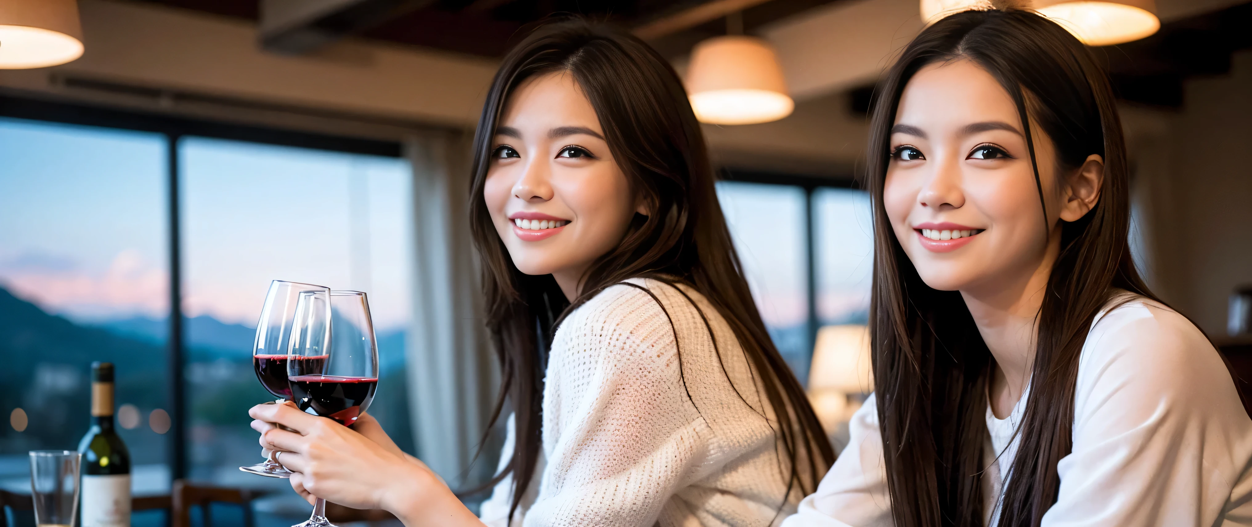 ((highest quality、8K、masterpiece:1.3))、Beautiful woman perfect body:1.4、Slim body、((Bob Hale、straight hair:1.2))、 ultra high resolution, bright image、2. Wine Beauties, beautiful face, blue eyes, fine eyes, light shines on your face, blush your nose, short hair,Spectacular view of the sunset sky and clouds、Amazing mountain views、A bright smile、A lovely woman with a smile、bright face、Fox face、lady、Champagne、Wine bottle、wine glass、red wine 、Appetizer、Italian food、two beauties、brown hair、shortcut、long sleeve shirt、winter fashion、dress、wine bottle、sparkling wine、Pretty Woman 1, (slim face), (brown hair), (shortcut), cheeks turn a little red, (42 years old), 39 years old, charming beauty、restaurant, nova frog style, actress, model, Upper body, White wine, slim, wine glass, wine glass placed in the middle, smile, (smile: 1.15), beautiful fine eyes, strong light and shadow,moist body:1.5、delicate eyes、brown hair、The hair is very shiny、