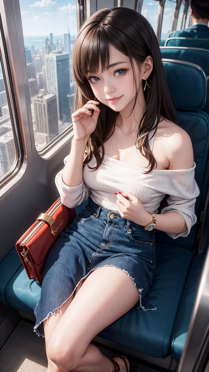 最high quality, 8K, masterpiece: 1.3, Ultra HD, high quality, 最high quality, High resolution, realism)) 、25 year old white woman、brunette、blue eyes、long hair、smile、slender、slenderだがアスリートのような細マッチョ、I don't want my head to disappear from the screen.、Wear accessories on your wrist、Wearing red nail polish、I have a peticure、aerial perspective((atmospheric perspective))、smile((smiley))、background blur((depth of field)、Wear a sheer, off-the-shoulder bodycon top、wear sandals、have a clutch bag、Ride the Chicago Monorail、sit on the seat、Chicago cityscape seen from the train window、crystal earrings((crystal earrings))、inner color((colored inner hair))、long hair ((long hair))、dark blonde、Bangs at the parting((parted bangs))