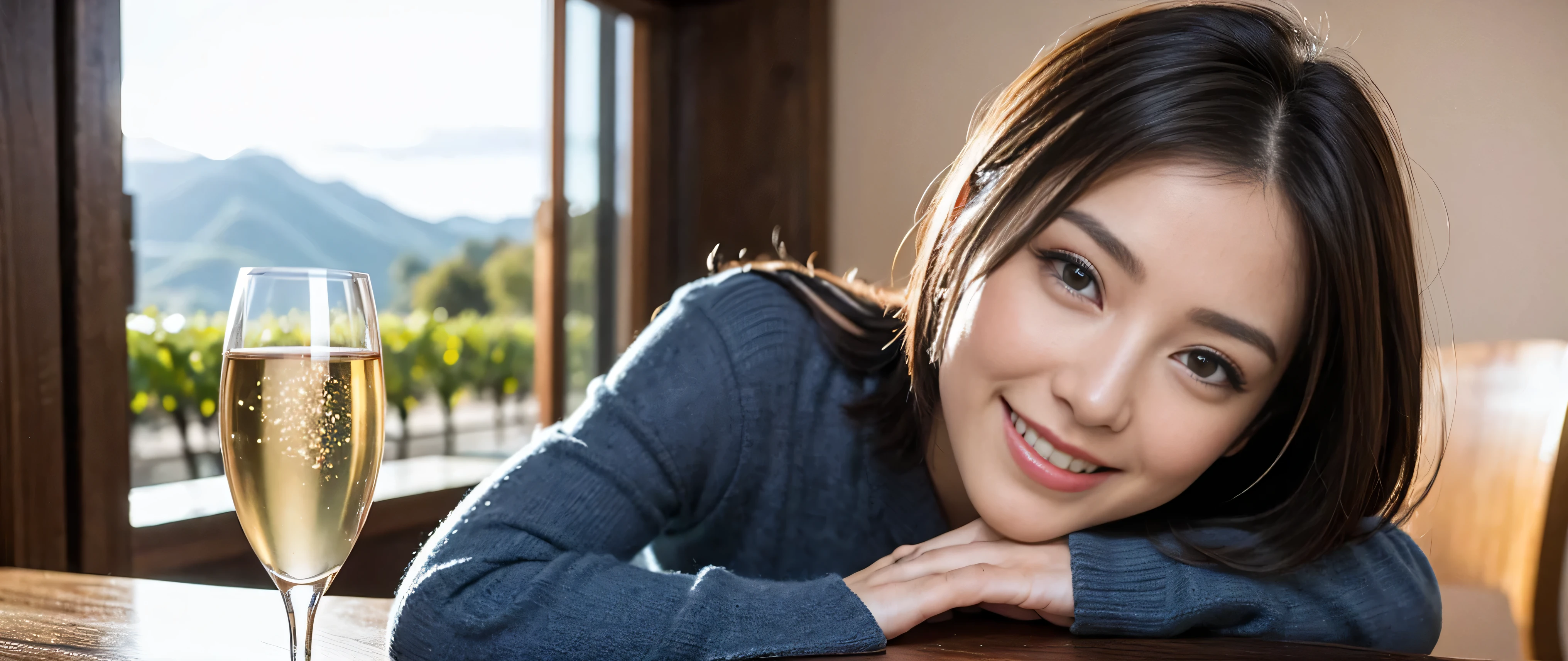 ((highest quality、8K、masterpiece:1.3))、Beautiful woman perfect body:1.4、Slim body、((Bob Hale、straight hair:1.2))、 ultra high resolution, bright image、2. Wine Beauties, beautiful face, blue eyes, fine eyes, light shines on your face, blush your nose, short hair,Spectacular view of the sunset sky and clouds、Amazing mountain views、A bright smile、A lovely woman with a smile、bright face、Fox face、lady、Champagne、Wine bottle、wine glass、red wine 、Appetizer、Italian food、two beauties、brown hair、shortcut、long sleeve shirt、winter fashion、dress、wine bottle、sparkling wine、Pretty Woman 1, (slim face), (brown hair), (shortcut), cheeks turn a little red, (42 years old), 39 years old, charming beauty、restaurant, nova frog style, actress, model, Upper body, White wine, slim, wine glass, wine glass placed in the middle, smile, (smile: 1.15), beautiful fine eyes, strong light and shadow,moist body:1.5、delicate eyes、brown hair、The hair is very shiny、