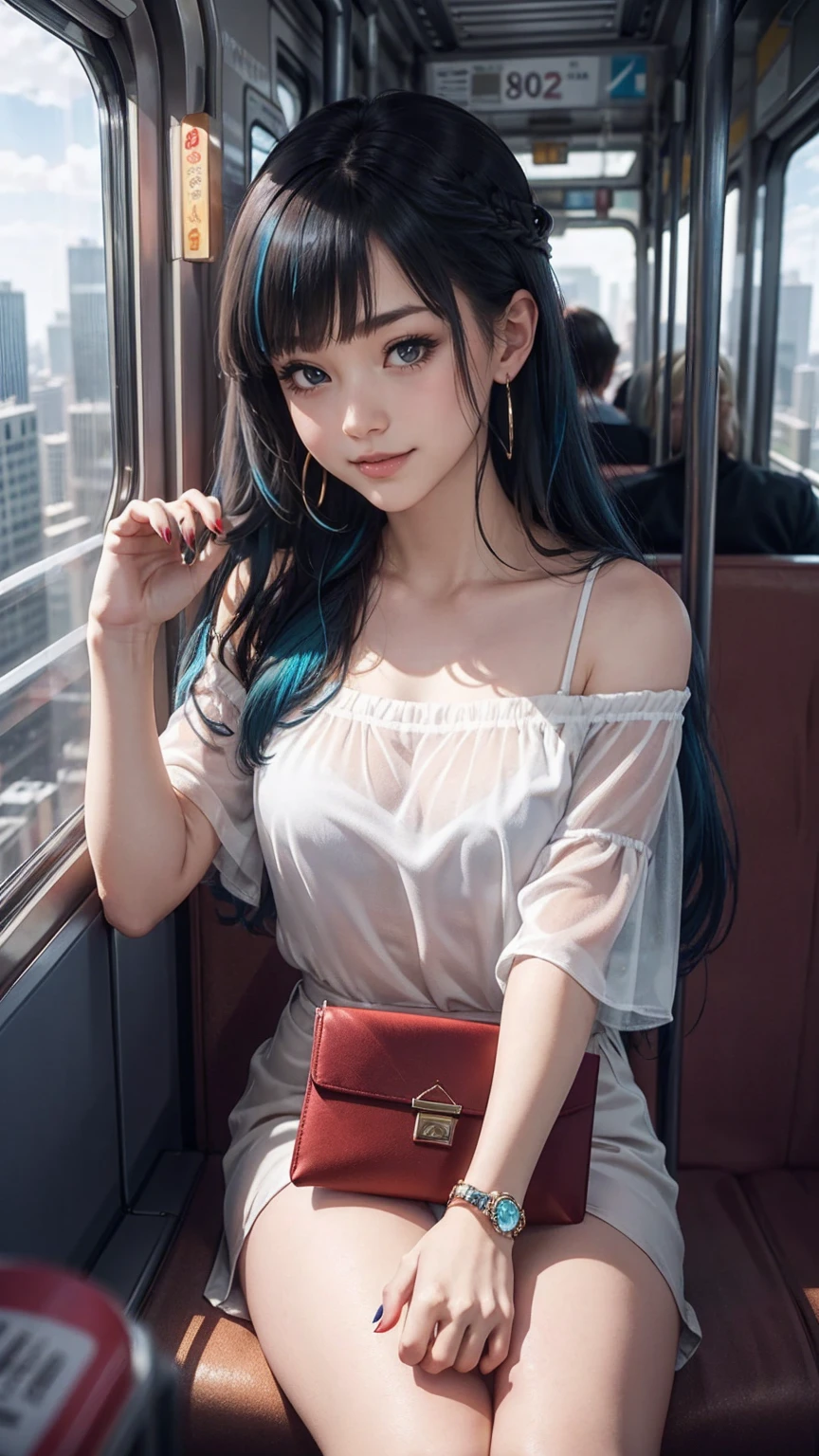 最high quality, 8K, masterpiece: 1.3, Ultra HD, high quality, 最high quality, High resolution, realism)) 、25 year old white woman、brunette、blue eyes、long hair、smile、slender、slenderだがアスリートのような細マッチョ、I don&#39;t want my head to disappear from the screen.、Wear accessories on your wrist、Wearing red nail polish、I have a peticure、aerial perspective((atmospheric perspective))、smile((smiley))、background blur((depth of field)、Wear a sheer, off-the-shoulder bodycon top、wear sandals、have a clutch bag、Ride the Chicago Monorail、sit on the seat、Chicago cityscape seen from the train window、crystal earrings((crystal earrings))、inner color((colored inner hair))、long hair ((long hair))、dark blonde、Bangs at the parting((parted bangs))