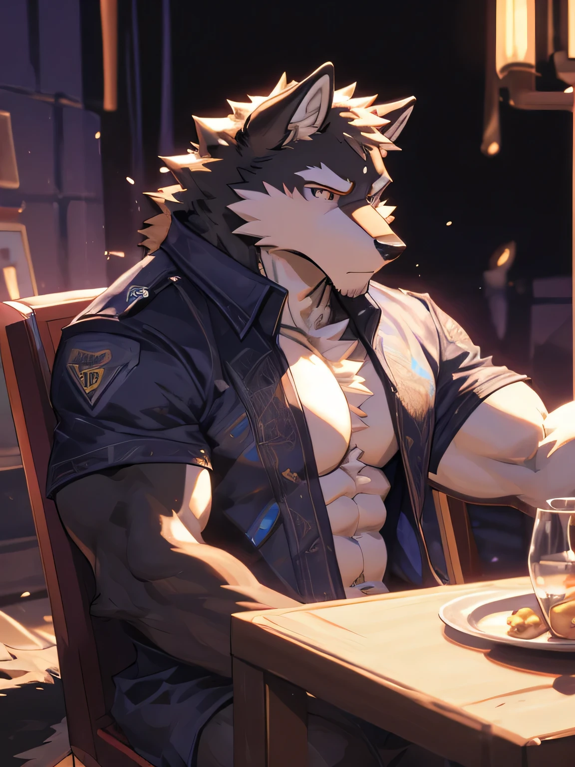 male, muscular,Wolf,only,The upper body is unclothed,Wearing light blue jeans,The background is the beach,big muscles,sit on the chair,high quality,high detail,8K