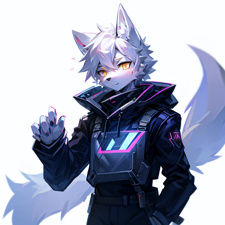 cyber punk perssonage，epcot，Tech style，solo person，White body，White ears，White hair，Overall white，Orange-yellow eyes，Wolf tail，Wolf orcs，Young，Wear a short-sleeved shirt，Ultra-clear screen，Soft lines
