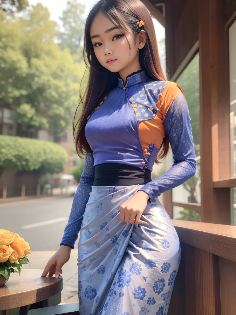 masterpiece, best quality, ultra detailed, high resolution, 1 girl, Burmese girl, playing acoustic guitar, coffee shop background, dynamic pose, back light, 8k, highly detailed, intricately detailed, (acmm ls outfit, wearing acmm top, orange acmm top, long sleeves, wearing acmm long skirt, dark blue acmm long skirt, printed skirt).
