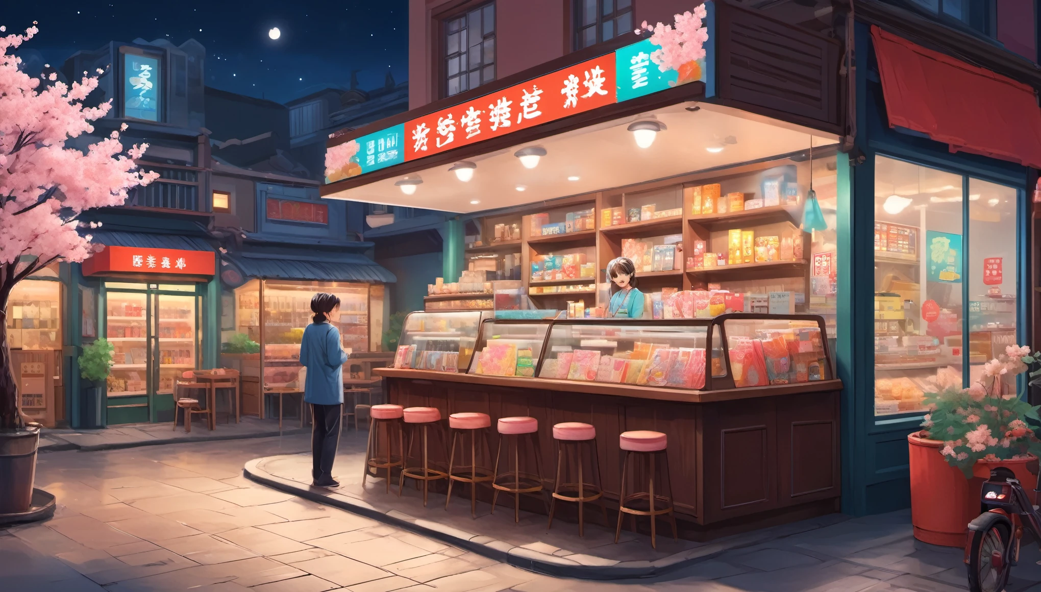 
Midnight convenience store clerk，illustration，pastel colors，soft light，neon lights，cozy atmosphere，Lovely，Quaint shelves，meticulous details，Flower pattern apron，Cherry blossom theme，Friendly Smile，Well-groomed appearance，Playful hair accessories，charming eyes，Natural makeup，Calming Music，store display，late night，Old-fashioned cash register，Instant noodles on the shelf，Refreshing drinks，Magazines and newspapers，Lottery rack，Clean Floor，Organized merchandise，Creative store decoration，Window stickers，shadow，（best quality，Super fine，Photorealism），Immersive Reality，bright colors，The window is a night city view. Outdoor signboards and moonlit sky。