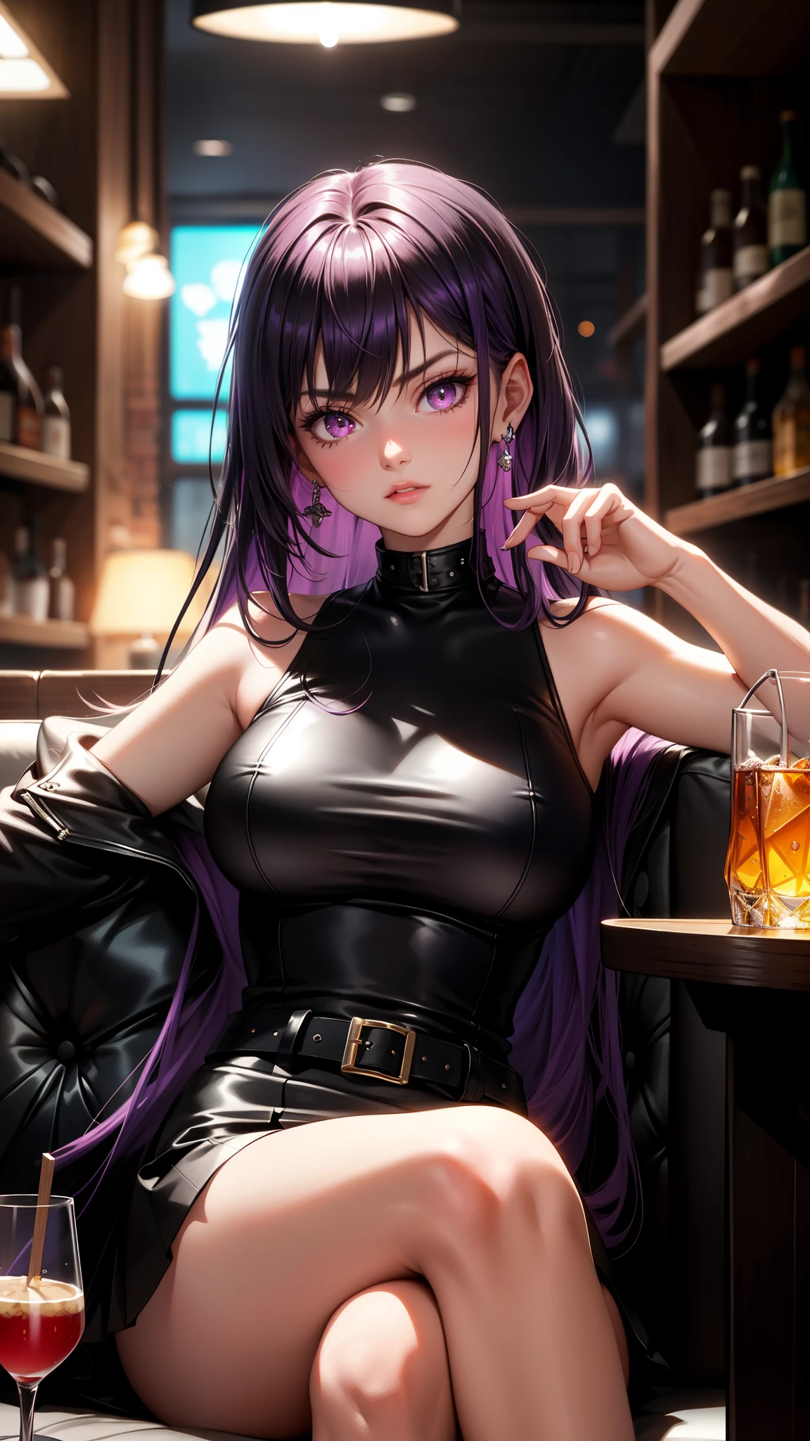 (best quality:1.1), (Masterpiece:1.2), High quality shadow, beautiful details, Beautiful face, Detailed eyes, depth of field, high resolution, best shadow, best light, 1 girl, see the audience, shiny purple hair, smooth, blunt, long hair, ruby pink eyes, shy, Very big breasts, pump, (White singlet), (black leather jacket), black leather skirt, table, glass, liquor bottle, night time, rift, Lonely eyes, pub bar background, sexy woman, cold, pov, Cool Woman ,ear jewelry, cross-legged sitting, sofa, (sullen), A few teeth are visible.