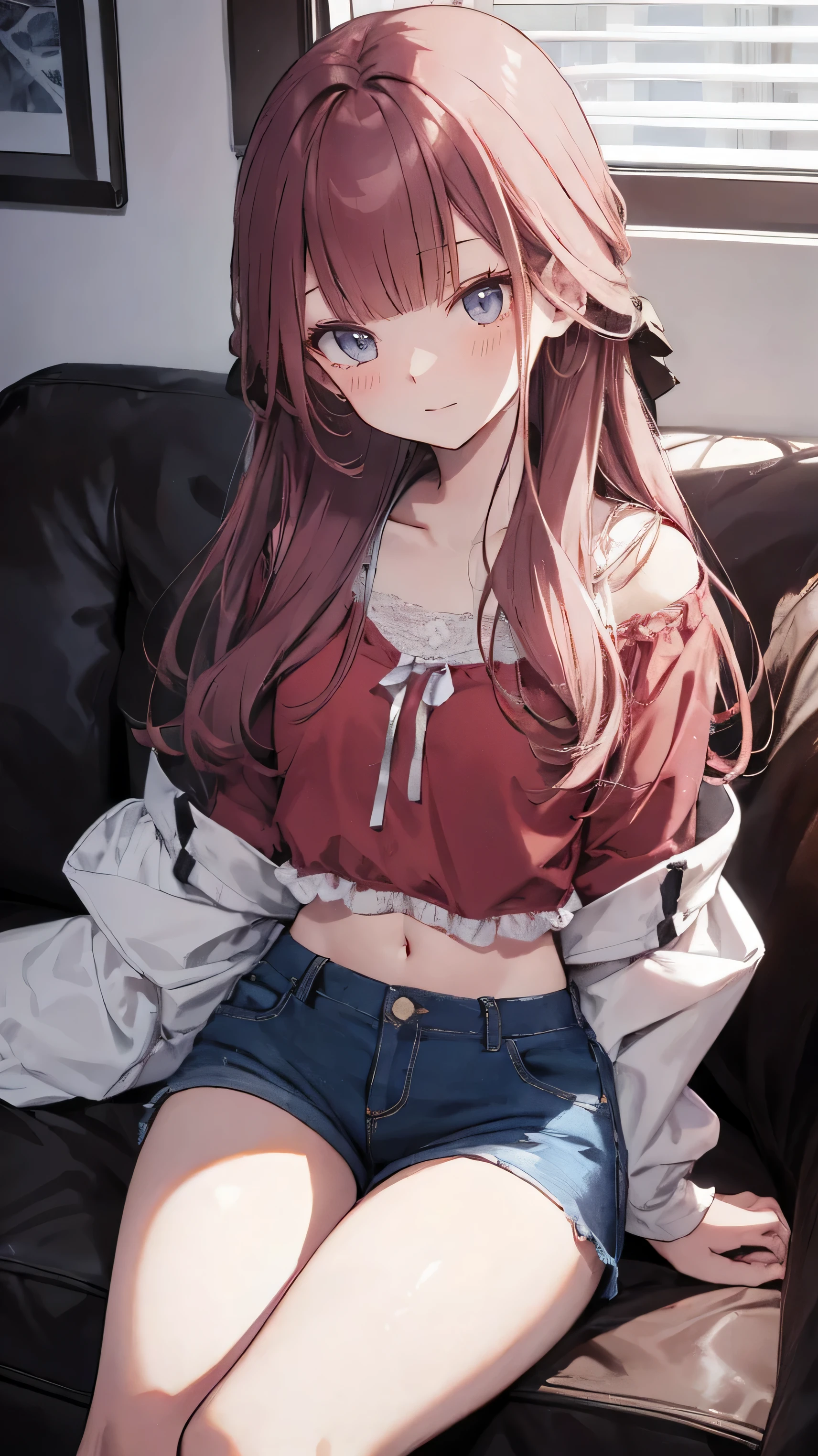 master piece、Highest image quality、highest quality、 ((panic))、glossy hair quality、small face、sitting、Super detailed and beautiful bright eyes、Super detailed clear and beautiful face、(cute illustration:1.2), High-resolution, ultra-detailed, best quality, embarrassed、(Gaps in shorts).(Cute underwear that can be seen at a glance)