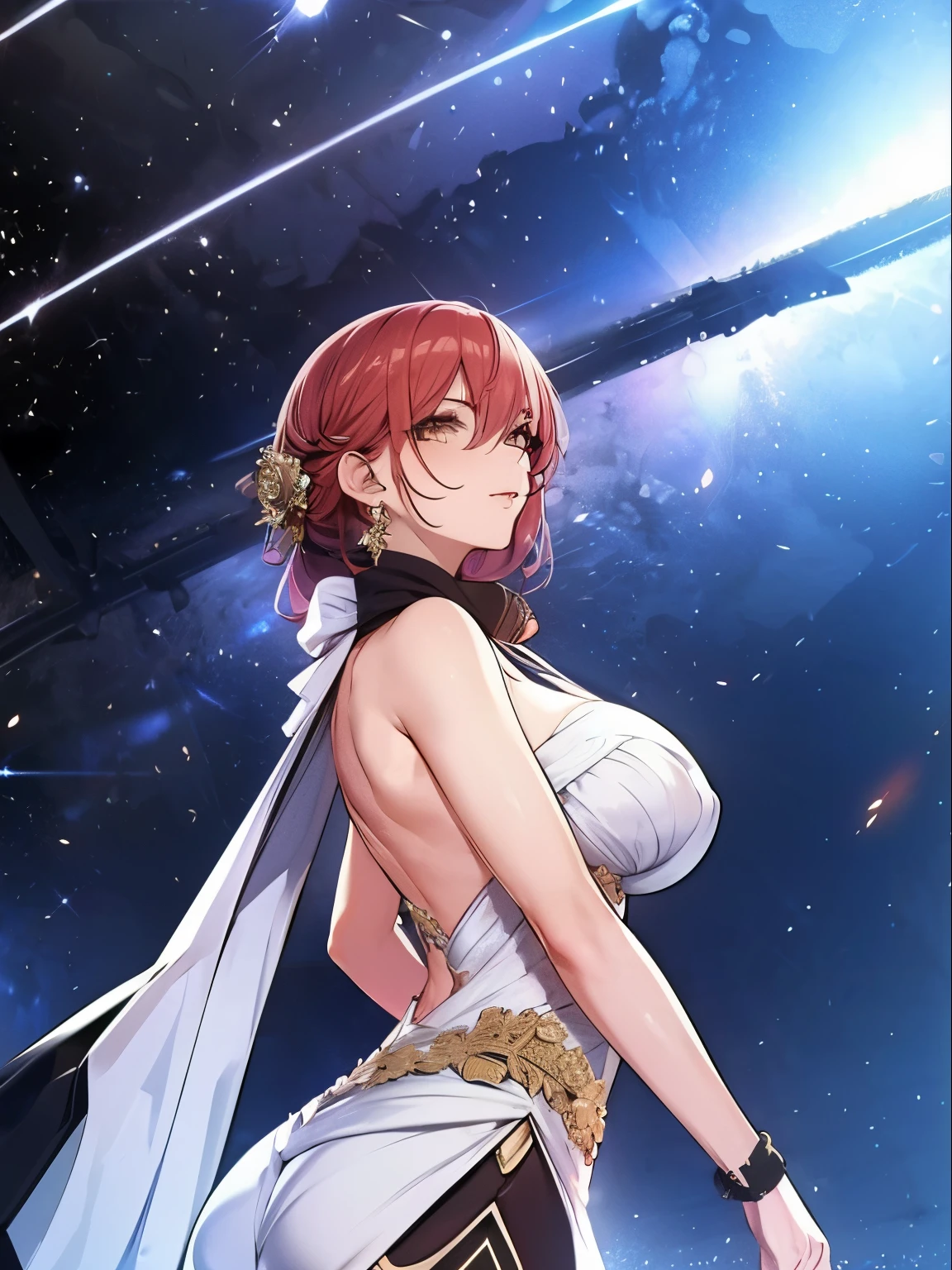 shiny skin, Voluptuous body, himeko (honkai: star rail), 1girl, low angle, facing viewer, satellite in background, blue back lighting, long white dress