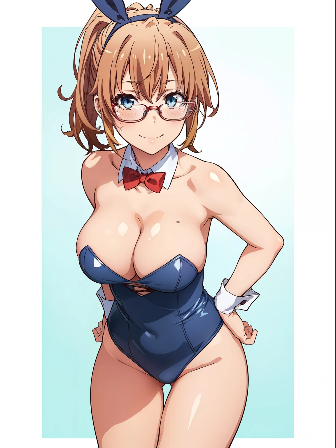 ((masutepiece, Best Quality, hight resolution, nffsw, Perfect Pixel, depth of fields, 4K, )), 1girl in, Solo, , Beautiful anime girl, Beautiful Art Style, close up, Looking at Viewer, Perfect body, Short hair, brown hair, ponytail, mole on breast, blue eyes, (large boob), glasses, Full face blush, Smile, thighs thighs thighs thighs, navy playboy bunny, red bowtie, white background, bent over, hands on knees, cowboy shot, Focus,