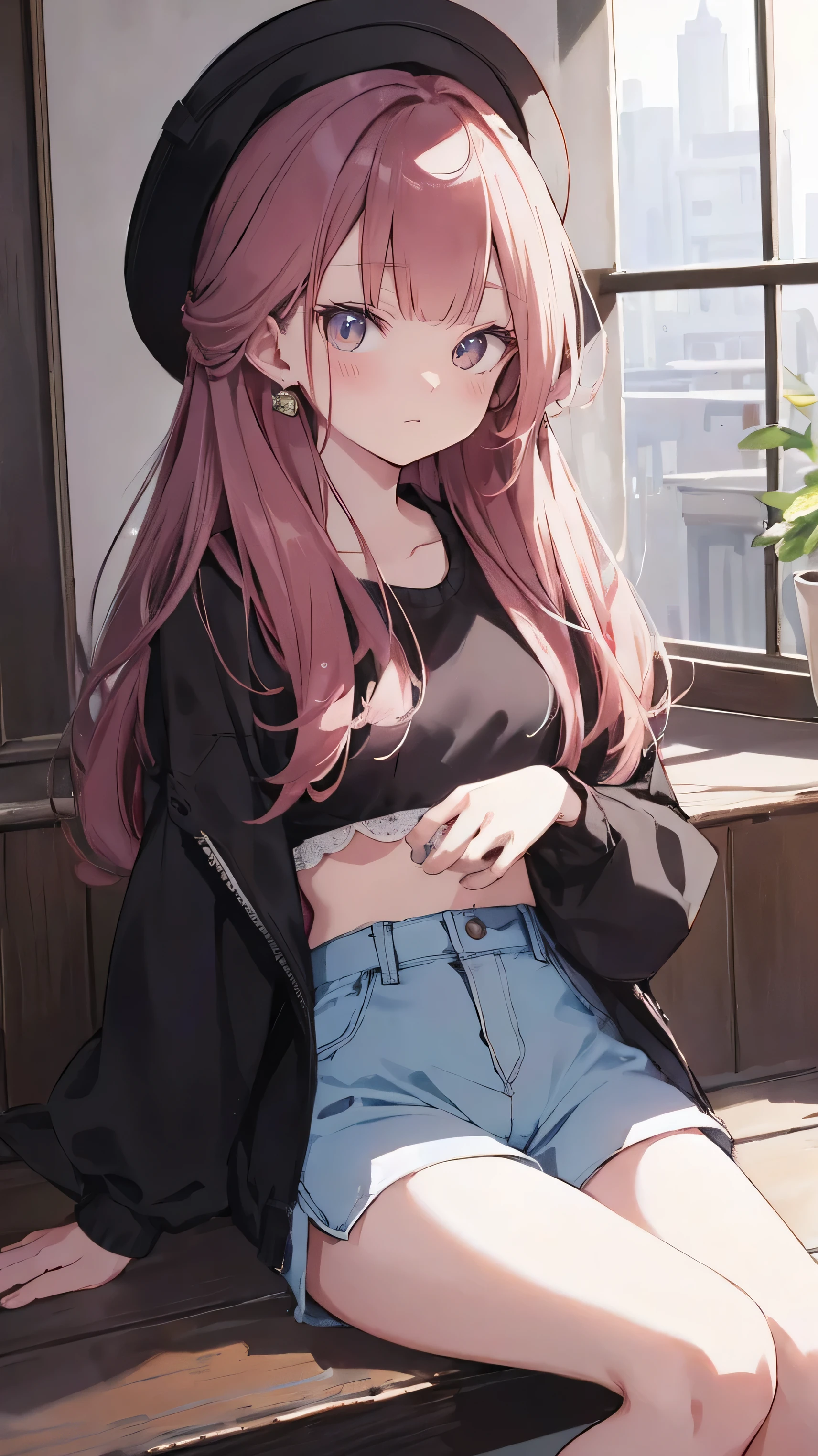 master piece、Highest image quality、highest quality、 ((panic))、glossy hair quality、small face、sitting、Super detailed and beautiful bright eyes、Super detailed clear and beautiful face、(cute illustration:1.2), High-resolution, ultra-detailed, best quality, embarrassed、(Gaps in shorts).(Cute underwear that can be seen at a glance)