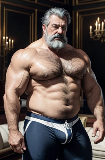 Un luchador Victoriano estilo John Sullivan de finales del siglo XIX, standing full body a sweaty old man with black and gray hair parted in the middle very large mustaches extremely muscular and extremely fat over 70 years old weighing over 600 pounds with extremely large and very muscular sagging pecs and very hairy with gynecomastia and nipples very large pointed and dark with relaxed muscles in a living room of a Victorian palace wearing only white and blue horizontal striped leggings bare torso