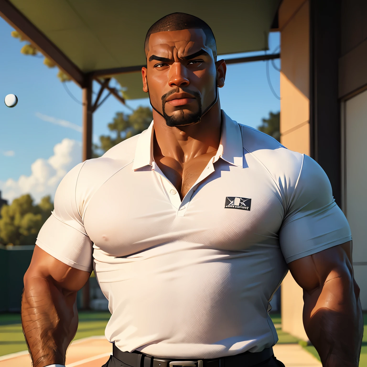 an exaggeratedly muscular and large bodyguard, beefy build, beard, dark-skinned african american male, buzzcut hair with square line, (serious expression: 1.2), (wearing golf shirt: 1.2), barely buttoned, school logo on shirt, (bara pecs: 1.3), (arm and chest hair: 1.1), portrait HD, dutch angle, (outside on tennis court)