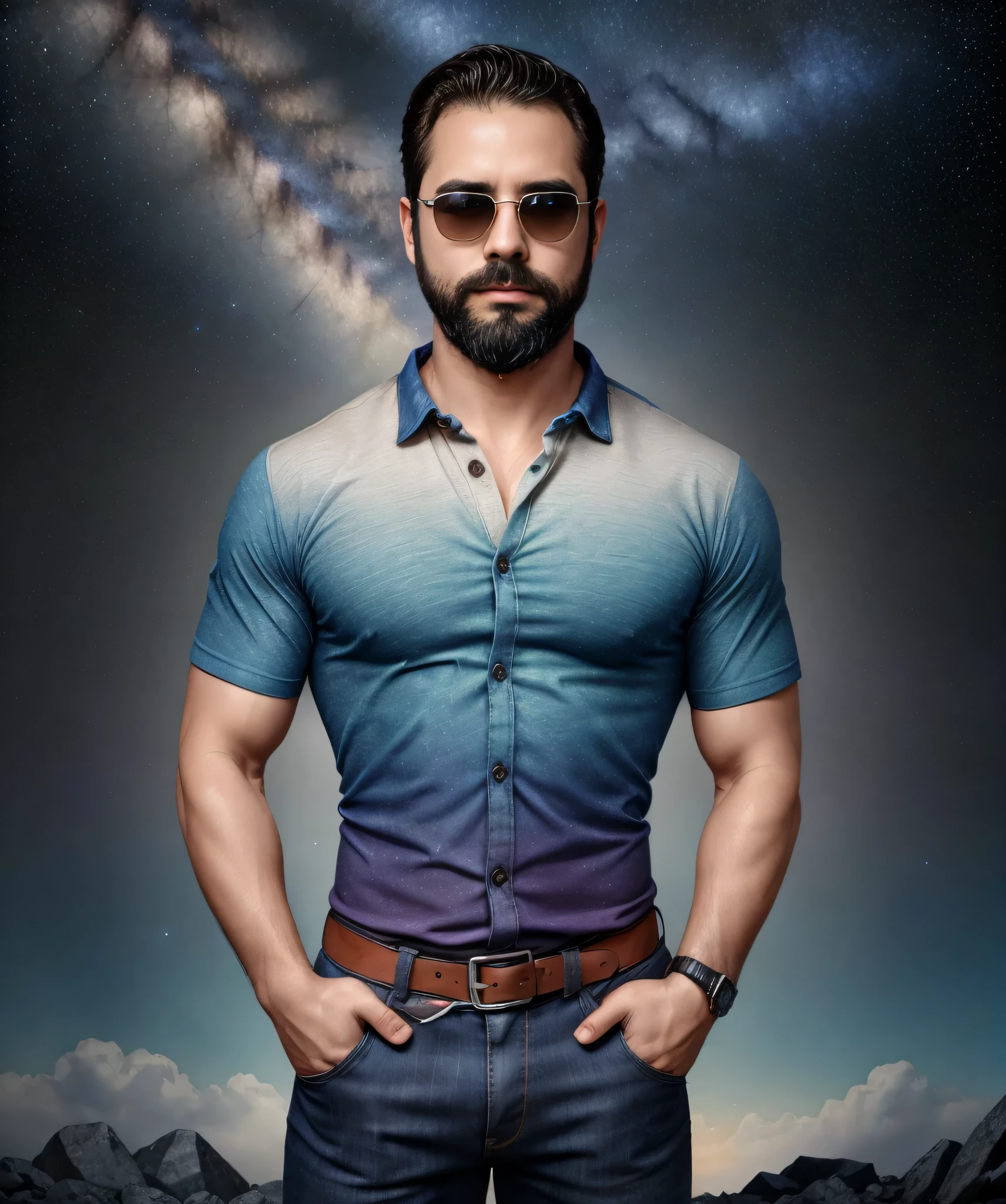 Obra maestra, desenfoque de campo, Parte superior del cuerpo, Hands in pants pockets, 38 year old man with beard and square sunglasses. Man wearing a shirt with a color gradient in the space movie with a stars storm in the background.