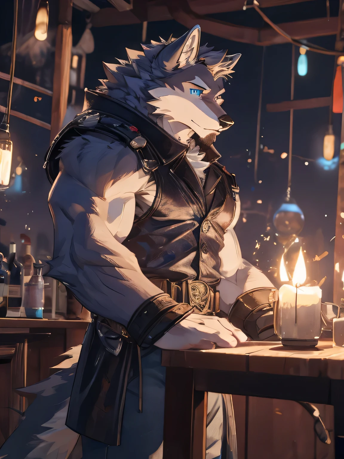 male, muscular,Wolf,only,The upper body is unclothed,Wearing light blue jeans,The background is the beach,big muscles,sit on the chair,high quality,high detail,8K,All white,blue pupils