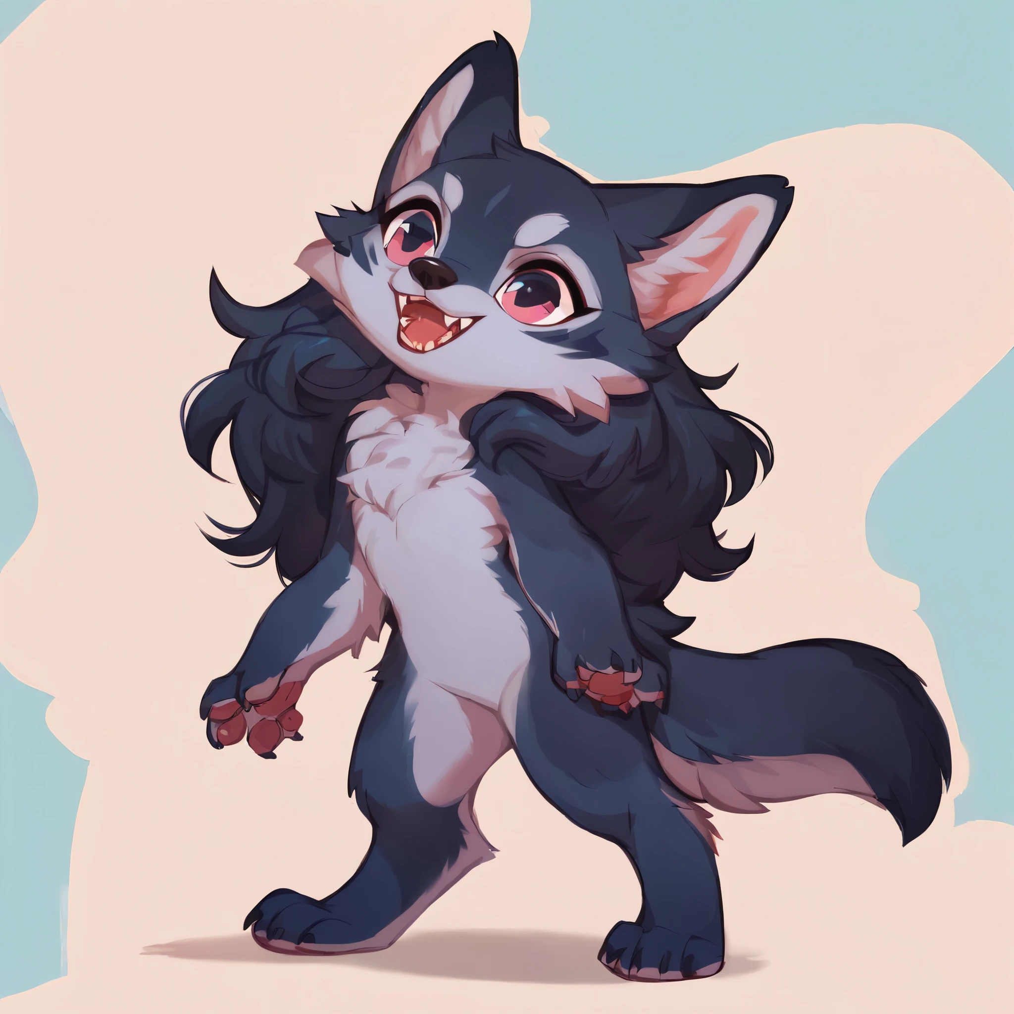 score_9, score_8_up, score_7_up, score_6_up, score_5_up, score_4_up, show accurate, (((full body))), hungry body, simple background, (solo), (semi anthro wolf), female, teenage wolf, body cub, ((standing)), dark pink eyes, ((dark blue fur)), (ocean blue chest), (blue snout), (ultrafine fur), (neck covered by mane), (fuchsia pink color oni horns), (short and straight hair), (black hair), wolf tail,