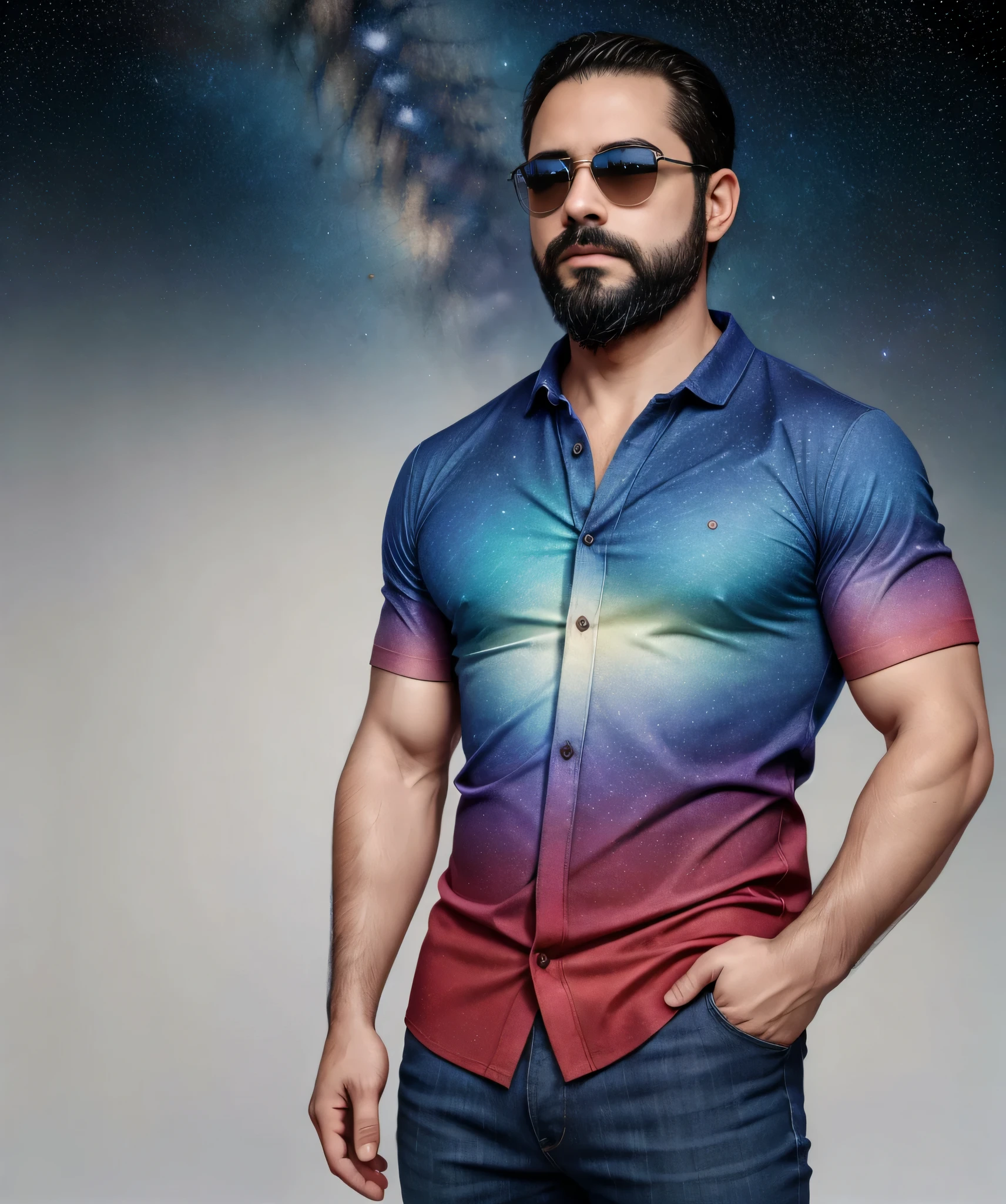 Obra maestra, desenfoque de campo, Parte superior del cuerpo, Hands in pants pockets, 38 year old man with beard and square sunglasses. Man wearing a shirt with a color gradient in the space movie with a star a Galaxy in the background.