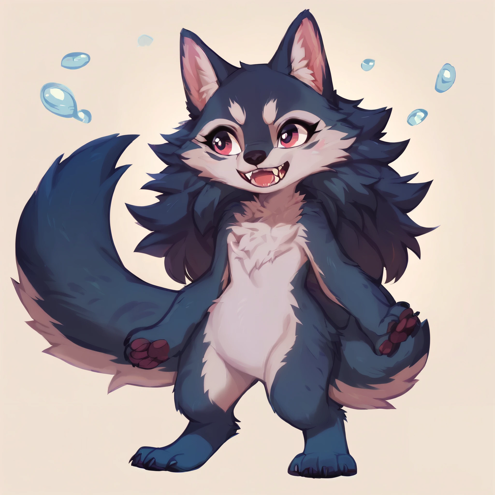 score_9, score_8_up, score_7_up, score_6_up, score_5_up, score_4_up, show accurate, (((full body))), hungry body, simple background, (solo), (semi anthro wolf), female, teenage wolf, body cub, ((standing)), dark pink eyes, ((dark blue fur)), (ocean blue chest), (blue snout), (ultrafine fur), (neck covered by mane), (fuchsia pink color oni horns), (short and straight hair), (black hair), wolf tail,