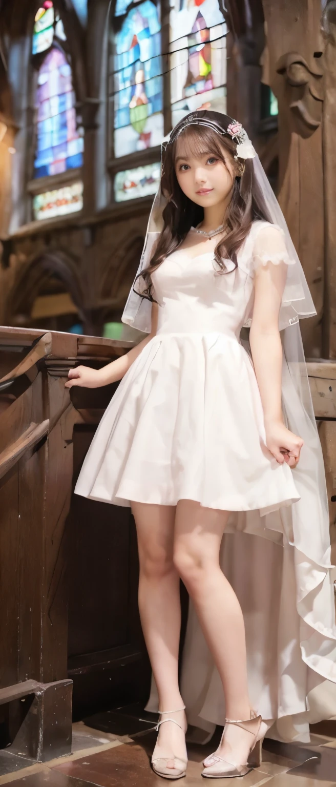 Sexy Idol Girl、whole body、good style、、、、Gorgeous pink and white mini dress、、gorgeous veil、、、、Fantastic stained glass church、beautiful feet、Holding a bouquet