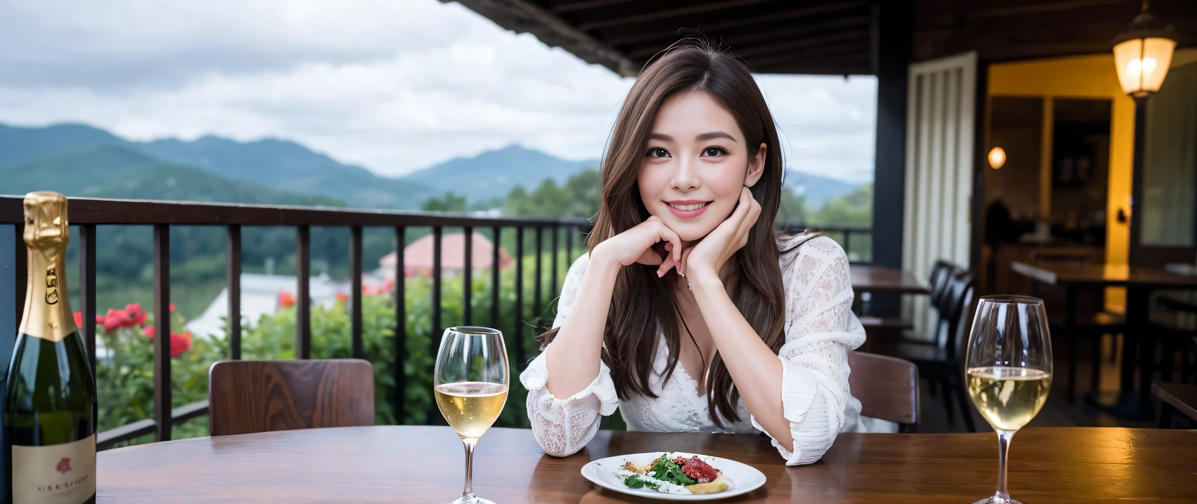 ((highest quality、8K、masterpiece:1.3))、Beautiful woman perfect body:1.4、Slim body、((Bob Hale、straight hair:1.2))、 ultra high resolution, bright image、2. Wine Beauties, beautiful face, blue eyes, fine eyes, light shines on your face, blush your nose, short hair,Spectacular view of the sunset sky and clouds、Amazing mountain views、A bright smile、A lovely woman with a smile、bright face、Fox face、lady、Champagne、Wine bottle、wine glass、red wine 、Appetizer、Italian food、two beauties、brown hair、shortcut、long sleeve shirt、winter fashion、dress、wine bottle、sparkling wine、Pretty Woman 1, (slim face), (brown hair), (shortcut), cheeks turn a little red, (42 years old), 39 years old, charming beauty、restaurant, nova frog style, actress, model, Upper body, White wine, slim, wine glass, wine glass placed in the middle, smile, (smile: 1.15), beautiful fine eyes, strong light and shadow,moist body:1.5、delicate eyes、brown hair、The hair is very shiny、
