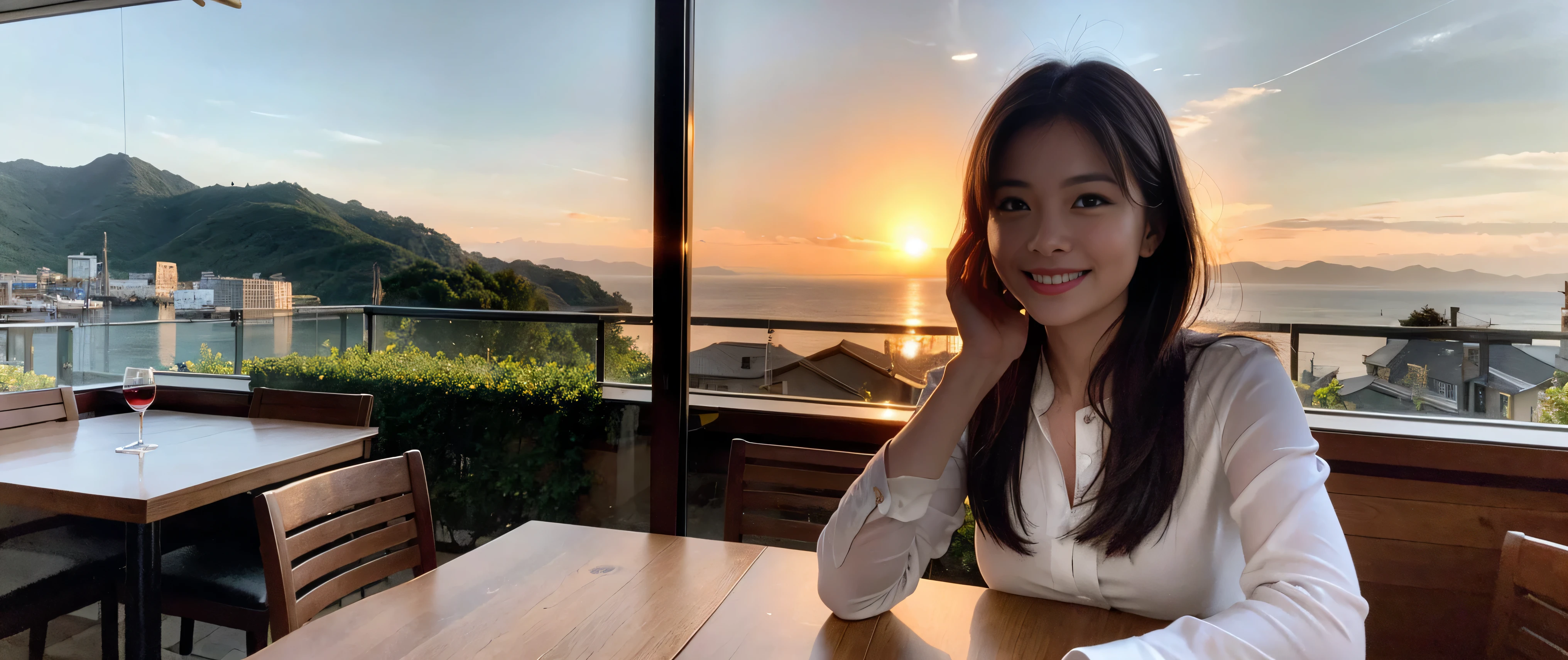((highest quality、8K、masterpiece:1.3))、Beautiful woman perfect body:1.4、Slim body、((Bob Hale、straight hair:1.2))、 ultra high resolution, bright image、2. Wine Beauties, beautiful face, blue eyes, fine eyes, light shines on your face, blush your nose, short hair,Spectacular view of the sunset sky and clouds、Amazing mountain views、A bright smile、A lovely woman with a smile、bright face、Fox face、lady、Champagne、Wine bottle、wine glass、red wine 、Appetizer、Italian food、two beauties、brown hair、shortcut、long sleeve shirt、winter fashion、dress、wine bottle、sparkling wine、Pretty Woman 1, (slim face), (brown hair), (shortcut), cheeks turn a little red, (42 years old), 39 years old, charming beauty、restaurant, nova frog style, actress, model, Upper body, White wine, slim, wine glass, wine glass placed in the middle, smile, (smile: 1.15), beautiful fine eyes, strong light and shadow,moist body:1.5、delicate eyes、brown hair、The hair is very shiny、