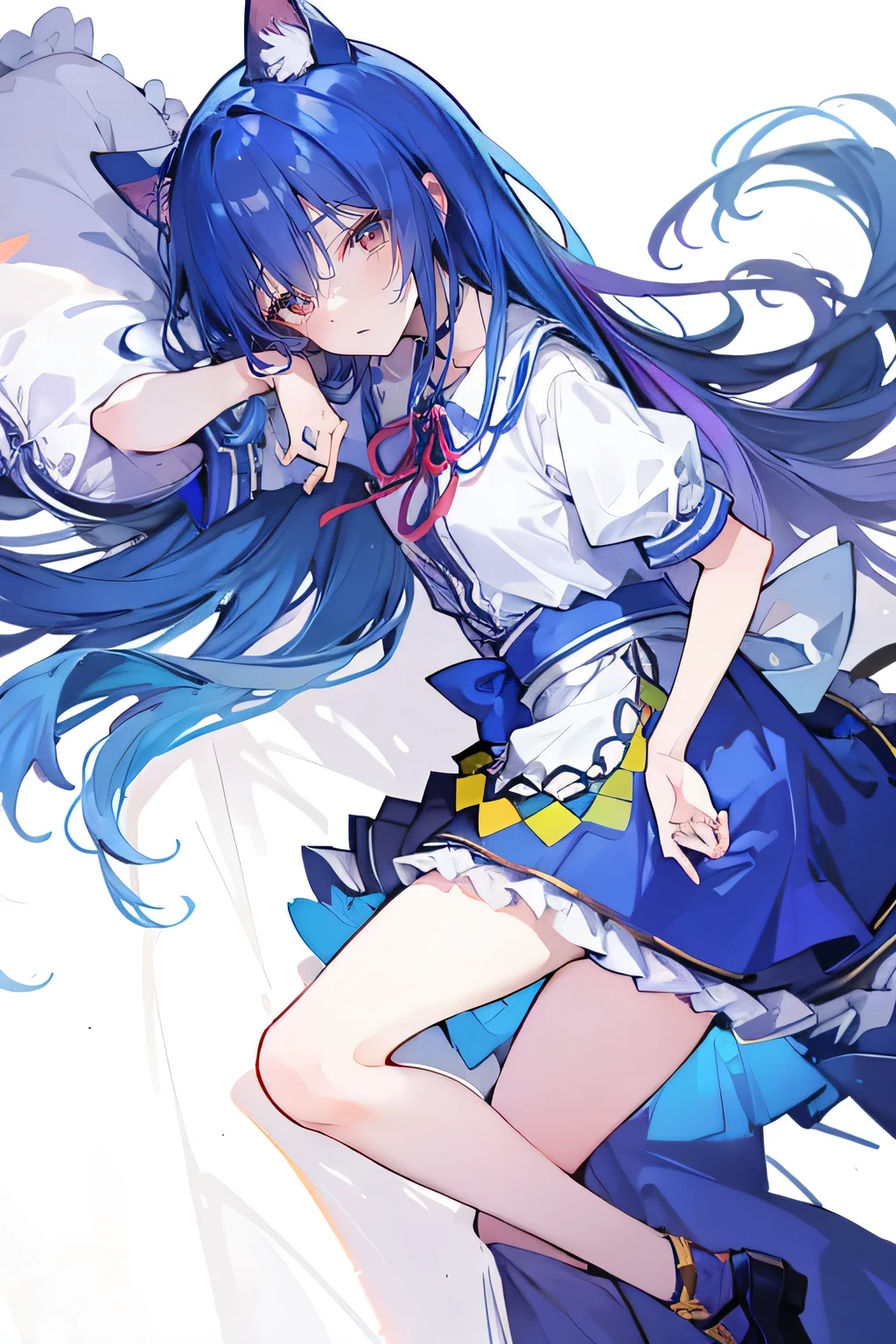 (Masterpiece), best quality, expressive eyes, perfect face, 1girl,
 Put your hands on your waist, fair, gorgeous, Japanese comics, girl, Lola, young angel, blue hair, blue hair, flowing clothes, hug the waist, hug the waist, hands on hips, hands on hips, lay down , lying on the ground, legs on the ground, flat chest, cat ears