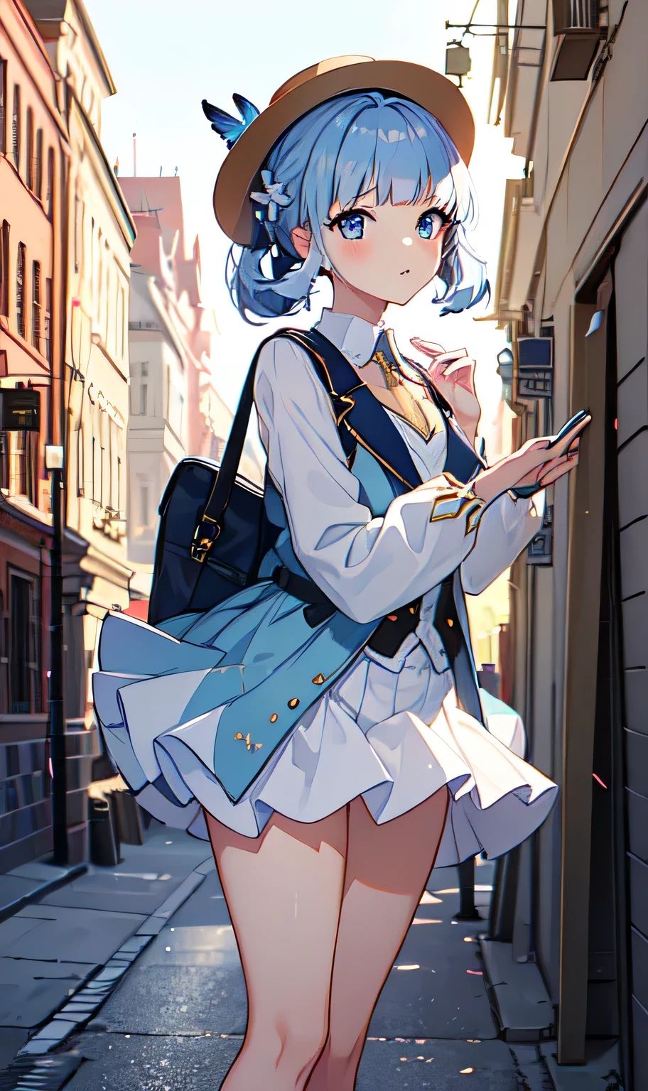 (masterpiece, best quality, ultra-detailed, highres), perfect face, sidelighting, lustrous skin, standing,
(bloom), (shine), lighting, ray tracing, sci-fi, city, street, outdoor, depth_of_field,
blue eyes , high heels, whirlwind of water, hair ornament, bangs, light blue hair, butterfly hair ornament, kamisato, kamisato ayaka \(heytea\),   hat, single hair ring, ((white panties underskirt))