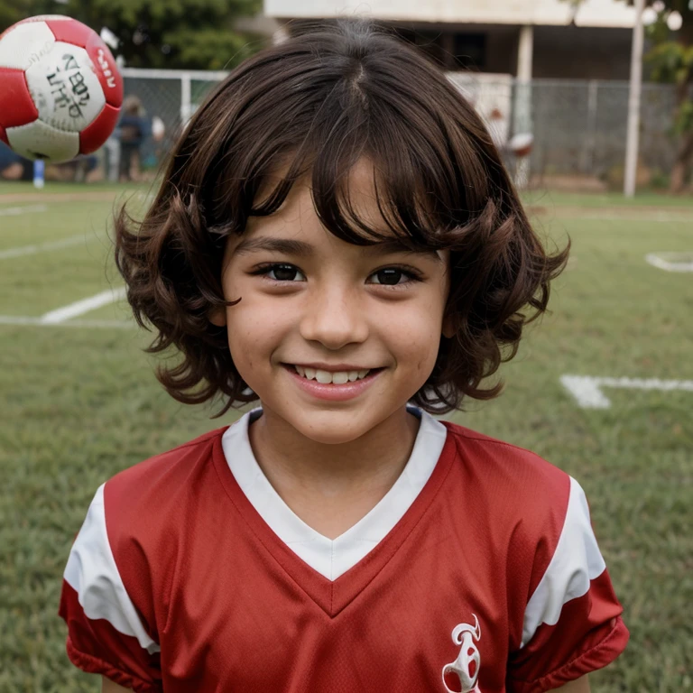 3 male , dark brown hair with curlers, ojos color caramelo, sonrisa perfecta, Playing football