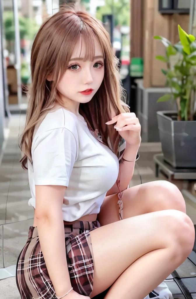 NSFW, 8k RAW photo, highest quality, masterpiece, ultra high resolution, film grain, movie, 1 girl, looking at the viewer, natural skin texture, Realistic eye and face details, full lips, lipstick, (compensate), red eyeshadow, fluffy long hair, messy hair, smile, close your mouth, beautiful feet, tall woman, skinny, slim_feet, alone, huge breasts, cleavage, super short skirt, teeth, shirt, beautiful natural location, Places around the flower, (detailed background), plaid skirt, white shirt, huge breasts, cleavage, Show a little cleavage through the shirt, loafers, blurry background, blurry, holding, plaid, short sleeve, jk ribbon on the neck, jk ribbon, brown hair, bracelet, water, bangs, , jewelry, parted lips, lips, From the side, pleated skirt, written boundary depth