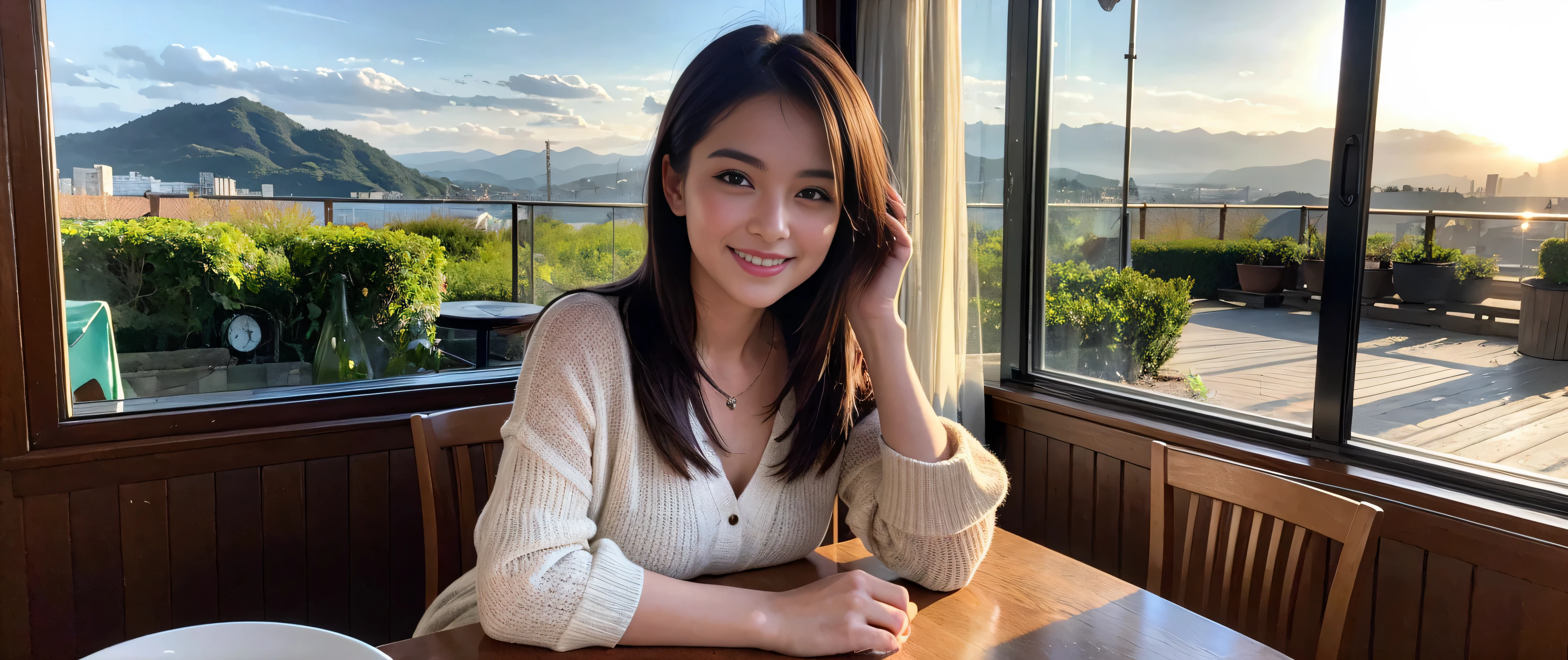 ((highest quality、8K、masterpiece:1.3))、Beautiful woman perfect body:1.4、Slim body、((Bob Hale、straight hair:1.2))、 ultra high resolution, bright image、2. Wine Beauties, beautiful face, blue eyes, fine eyes, light shines on your face, blush your nose, short hair,Spectacular view of the sunset sky and clouds、Amazing mountain views、A bright smile、A lovely woman with a smile、bright face、Fox face、lady、Champagne、Wine bottle、wine glass、red wine 、Appetizer、Italian food、two beauties、brown hair、shortcut、long sleeve shirt、winter fashion、dress、wine bottle、sparkling wine、Pretty Woman 1, (slim face), (brown hair), (shortcut), cheeks turn a little red, (42 years old), 39 years old, charming beauty、restaurant, nova frog style, actress, model, Upper body, White wine, slim, wine glass, wine glass placed in the middle, smile, (smile: 1.15), beautiful fine eyes, strong light and shadow,moist body:1.5、delicate eyes、brown hair、The hair is very shiny、