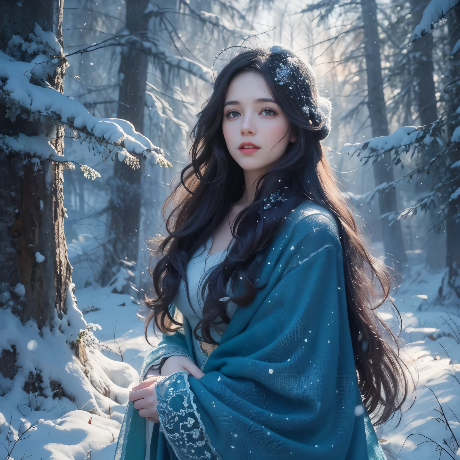 a girl with flowing black hair and fair skin,dressed in a beautiful blue gown and a white puffy cloak,standing in a snowy forest, surrounded by towering pine trees,her bright blue eyes shining with innocence,her rosy lips with a hint of smile,the snowflakes gently falling onto her hair and eyelashes,creating a magical atmosphere.(best quality,ultra-detailed,realistic),a breath-taking winter landscape, capturing the serene beauty of nature,the snowy ground sparkling in the sunlight,her breath visible in the cold air, the sunlight filtering through the branches, casting a soft glow on her face,creating a dream-like setting.(photography,detailed portrait,luminous lighting),a sense of enchantment and wonder, as if stepping into a fairy tale,a delicate balance between warmth and coldness, the contrasting textures and colors adding depth and richness to the scene(vivid colors,painting-like effect,dreamy atmosphere).